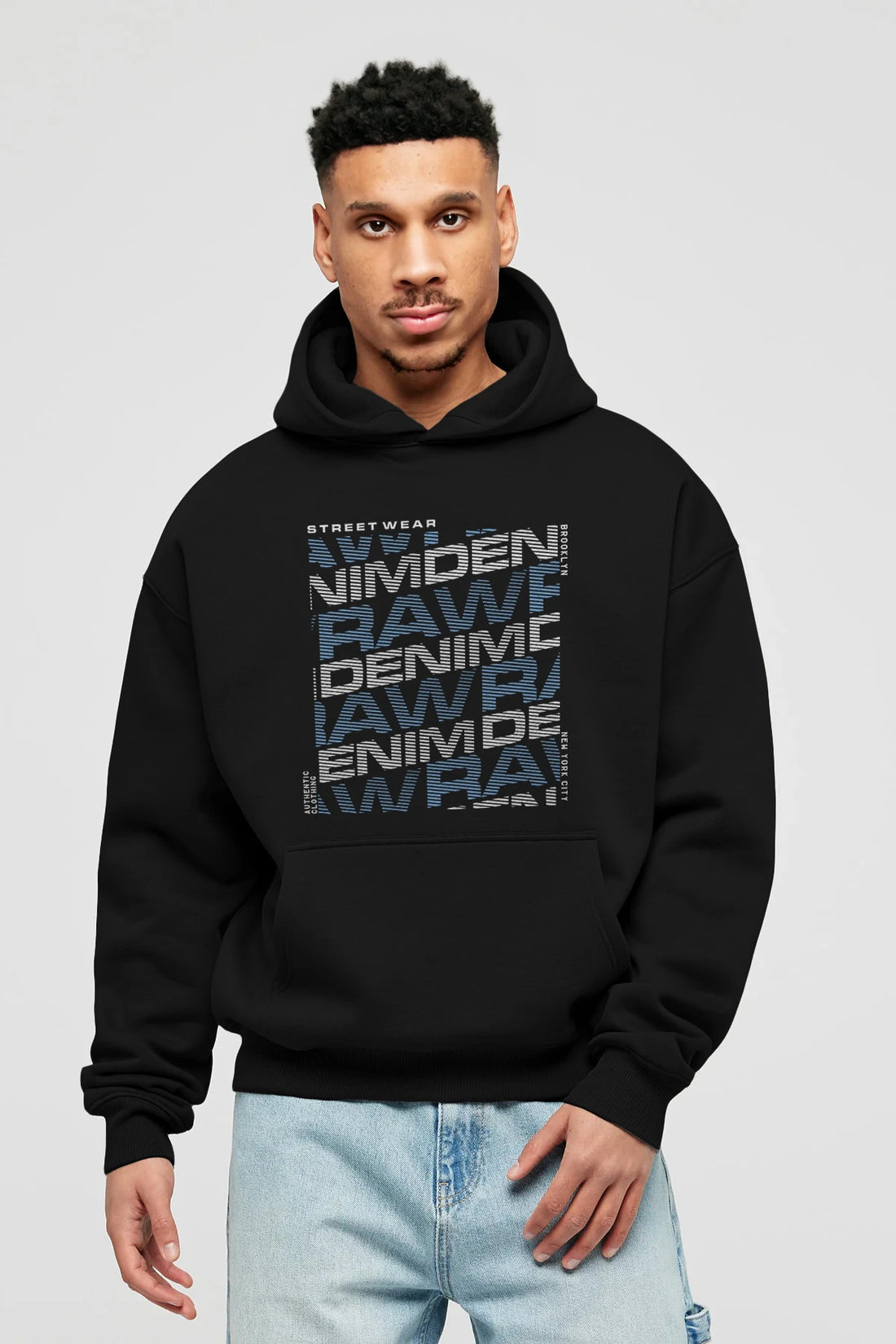 Raw Denim Ön Baskılı Hoodie Oversize Kapüşonlu Sweatshirt Erkek Kadın Unisex
