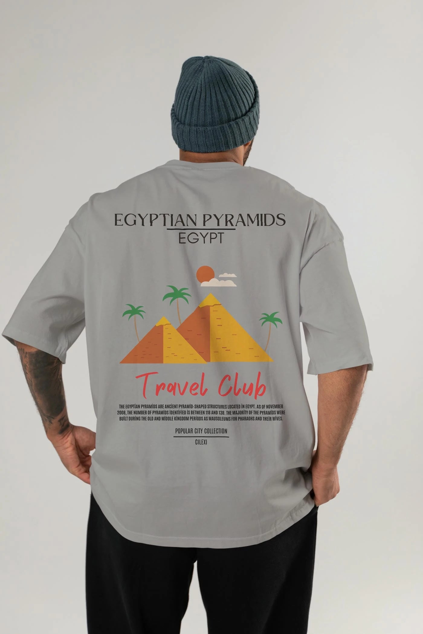 Egyptian Pyramids Egypt Arka Baskılı Oversize t-shirt Erkek Kadın Pamuk Bisiklet Yaka tişort