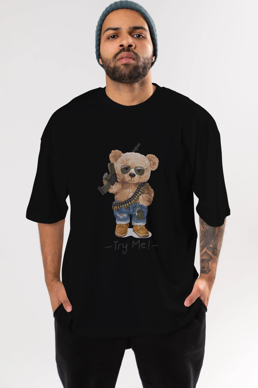 Teddy Bear Try Me Ön Baskılı Oversize t-shirt Erkek Kadın Unisex %100 Pamuk