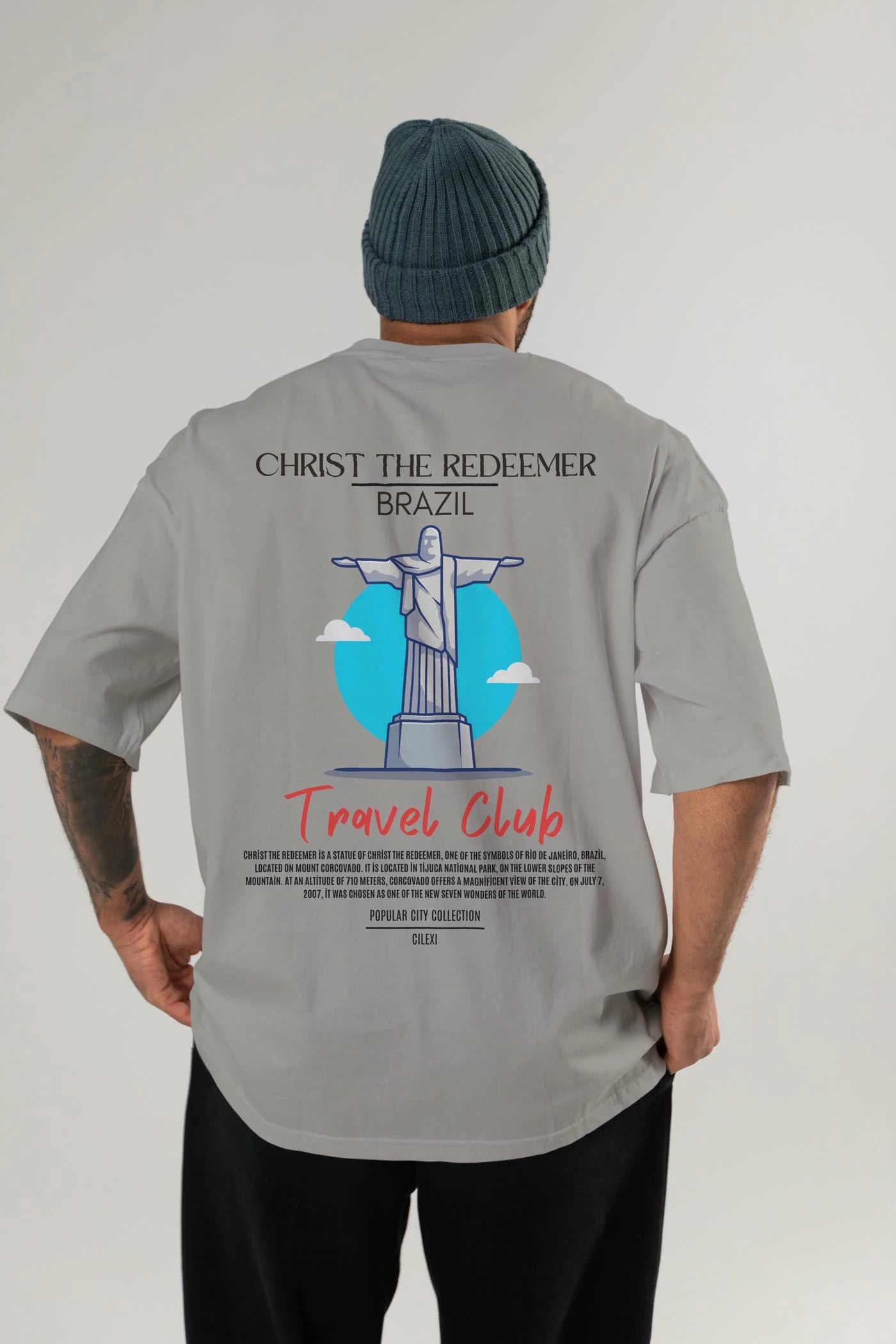 Christ The Redeemer Brazil Arka Baskılı Oversize t-shirt Erkek Kadın Pamuk Bisiklet Yaka tişort