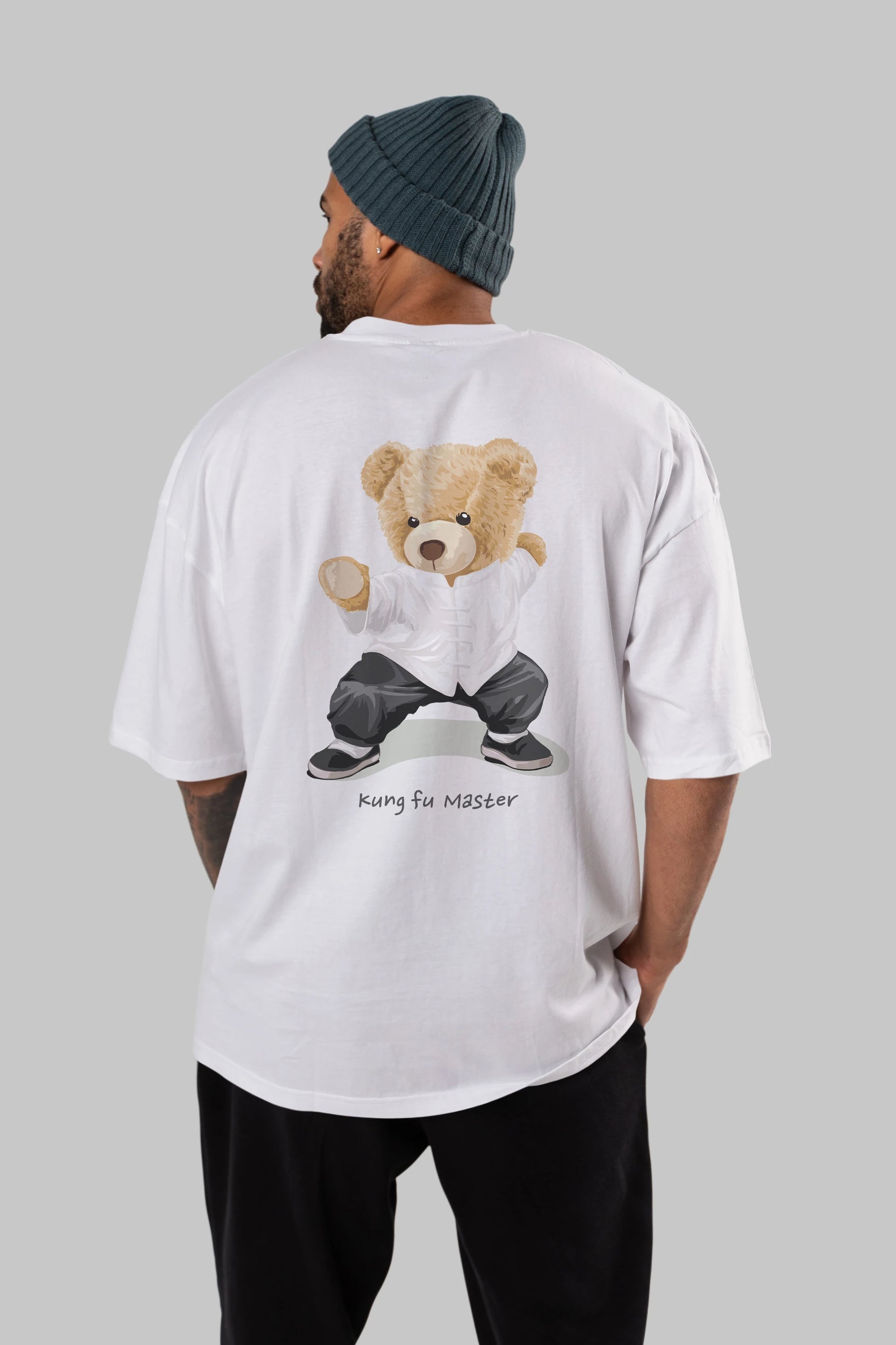 Teddy Bear Kung Fu Master Arka Baskılı Oversize t-shirt Erkek Kadın Unisex %100 Pamuk