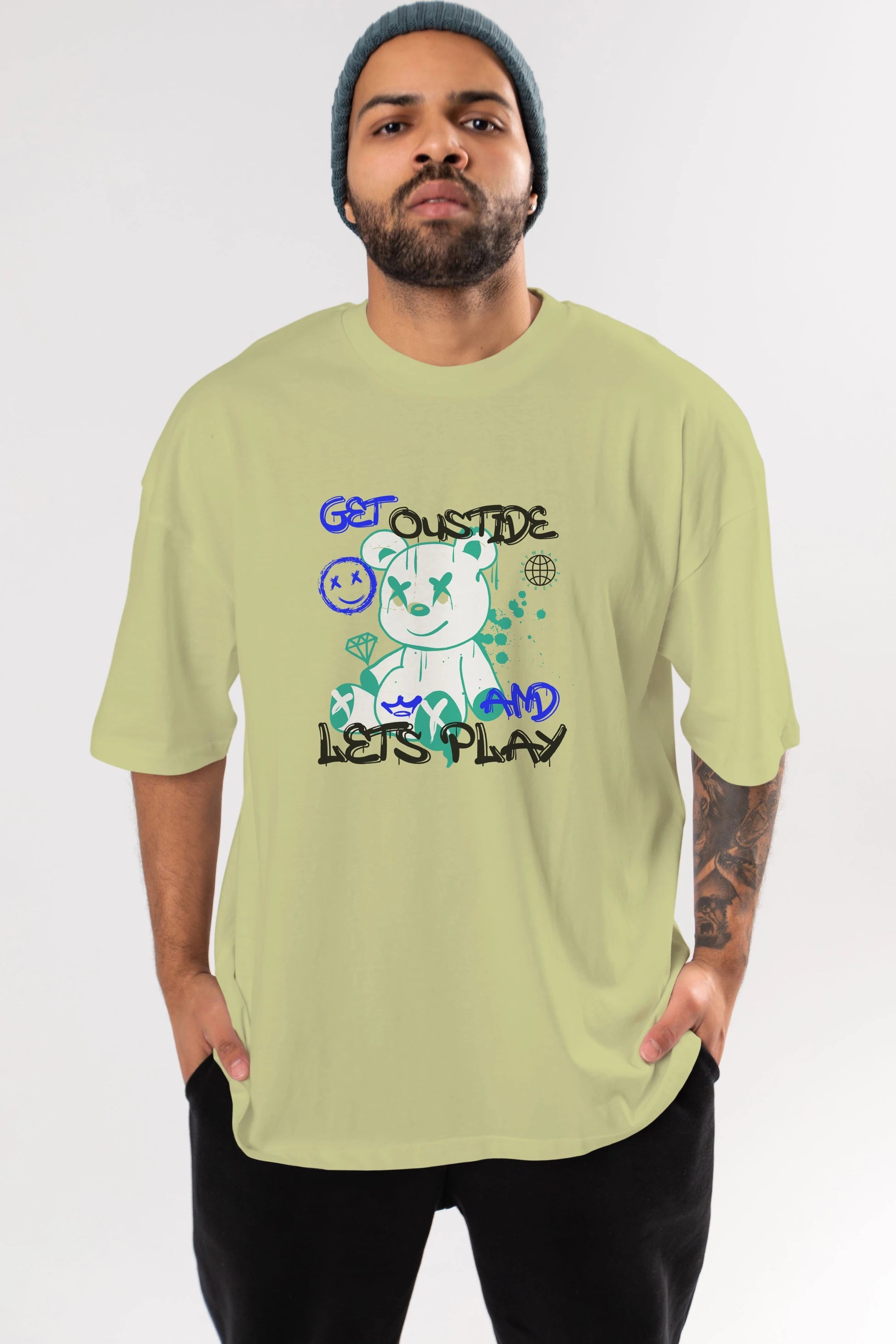 Get Outside Bear Ön Baskılı Oversize t-shirt Erkek Kadın Unisex