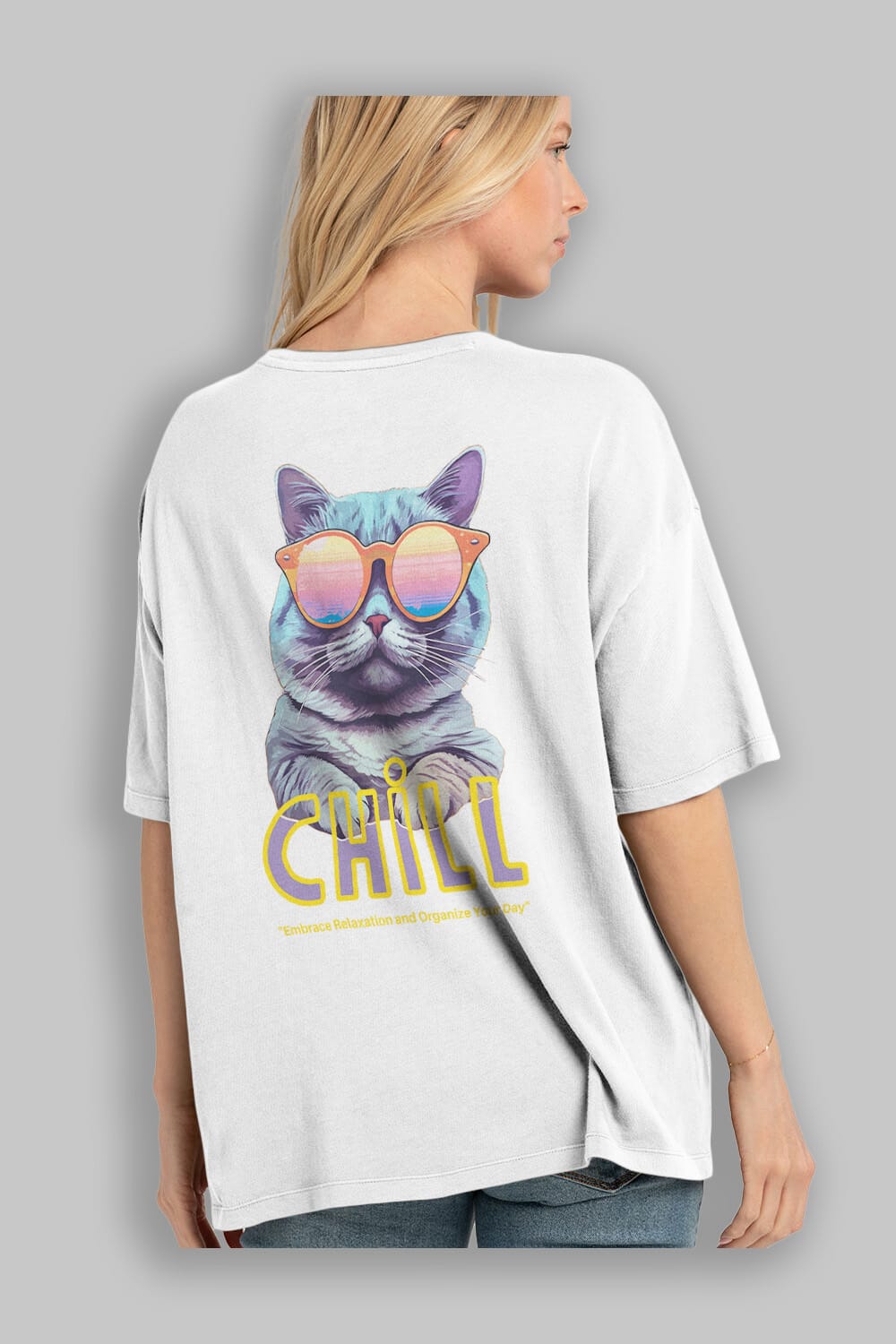 Chill Cat Arka Baskılı Oversize t-shirt Erkek Kadın Unisex