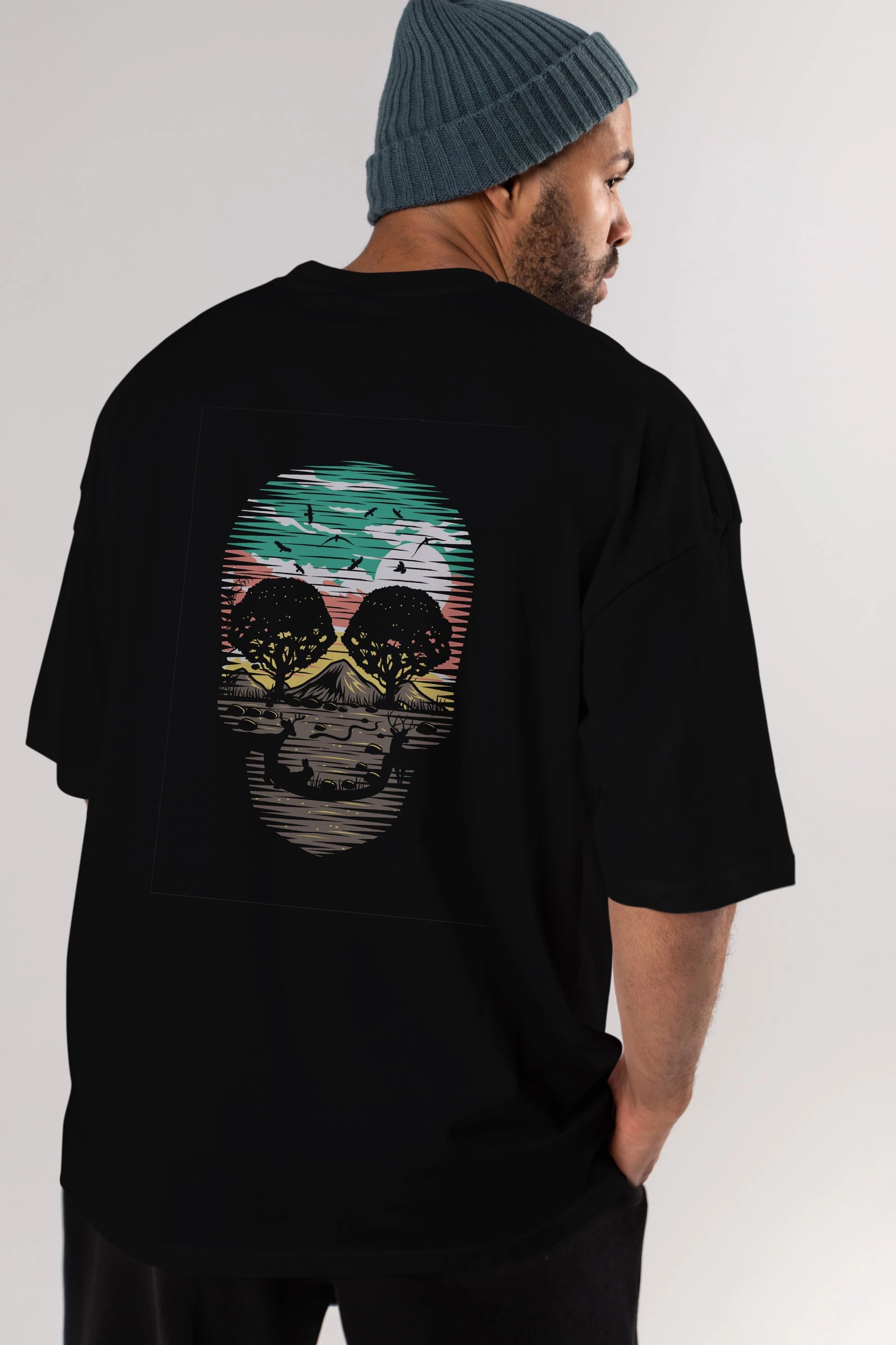 Skull Nature Arka Baskılı Oversize t-shirt %100 pamuk Erkek Kadın Unisex