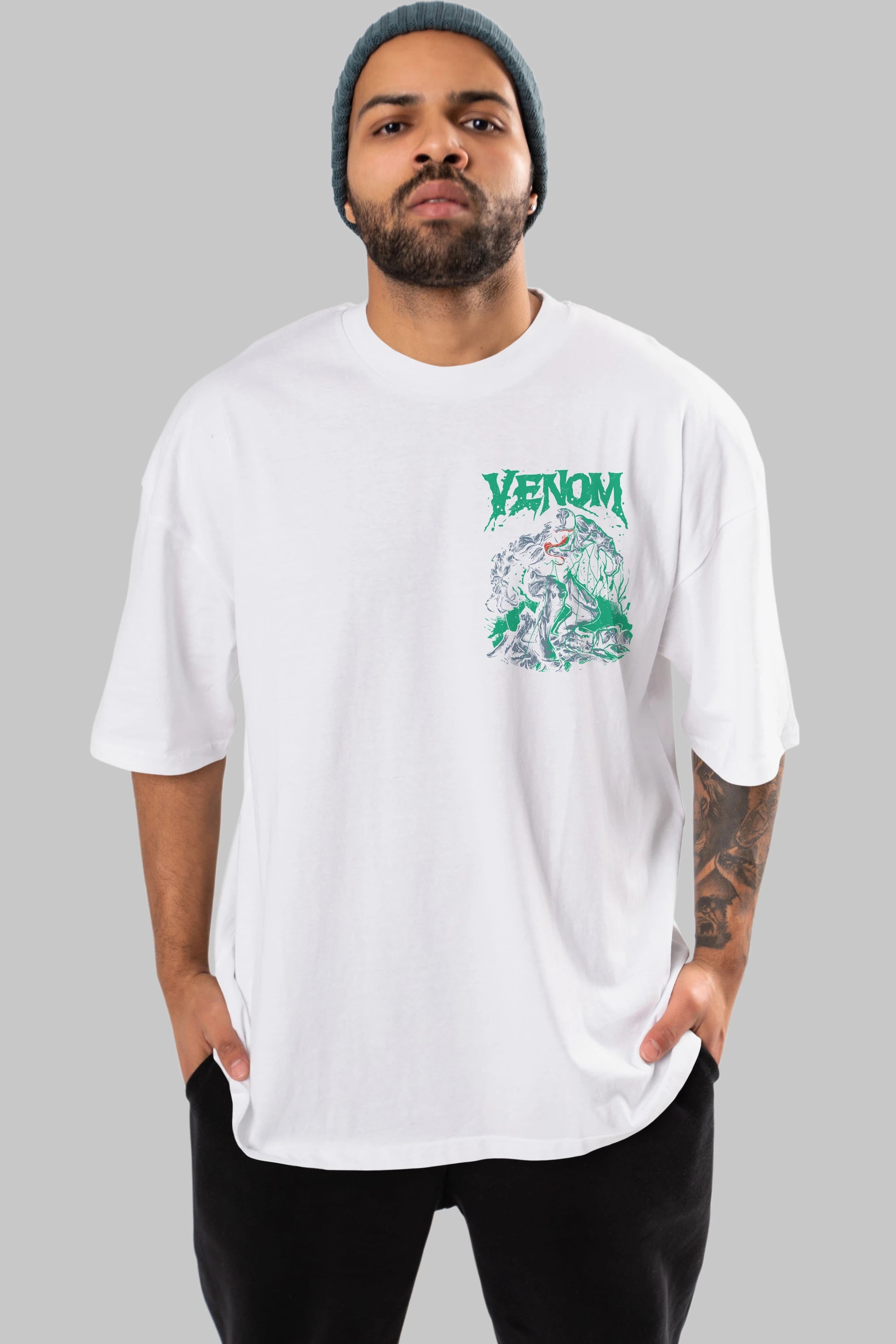 Venom (3) Ön Sol Baskılı Oversize t-shirt Erkek Kadın Unisex %100 Pamuk Bisiklet Yaka tişort