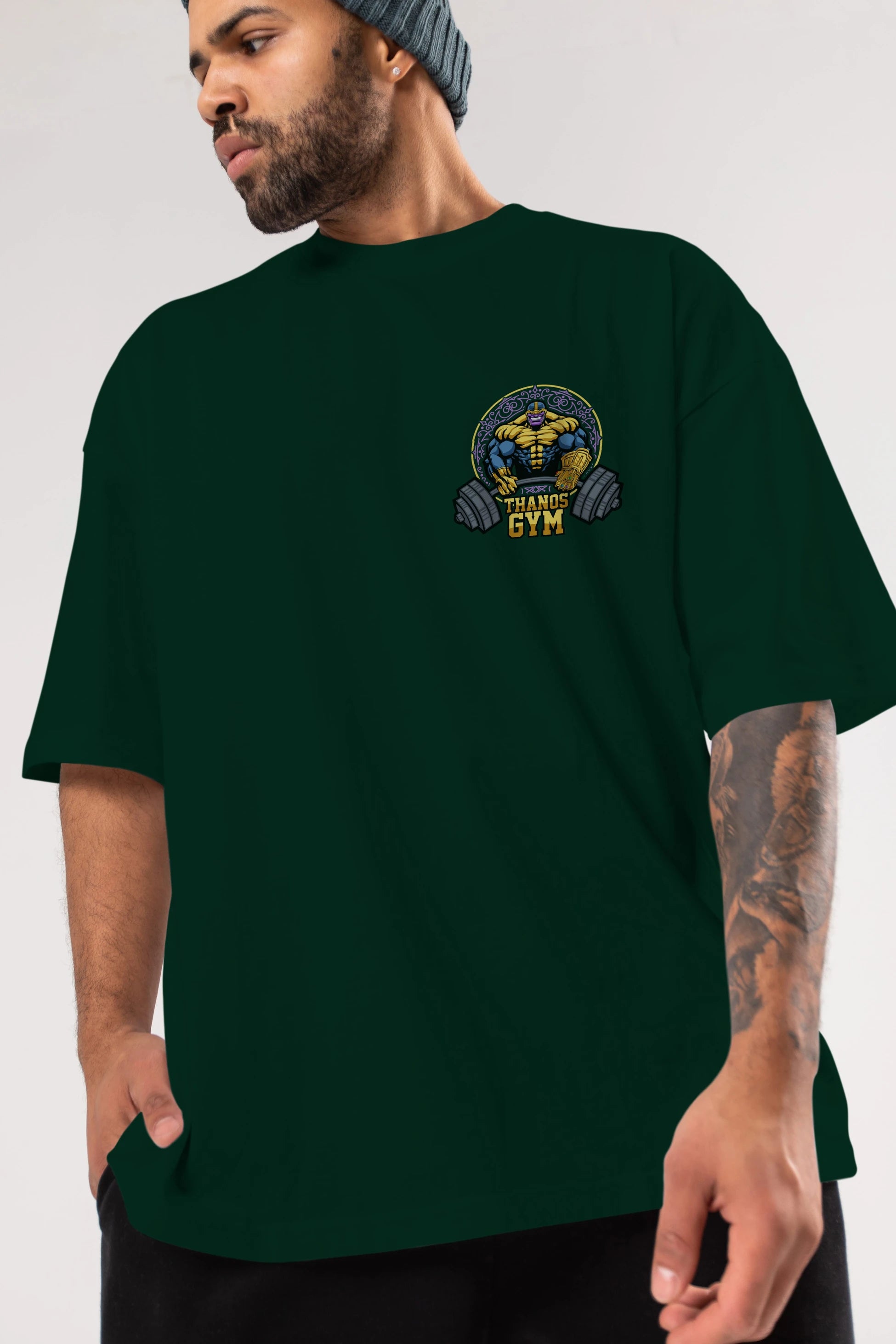 Thanos GYM Ön Sol Baskılı Oversize t-shirt Erkek Kadın Unisex %100 Pamuk Bisiklet Yaka tişort