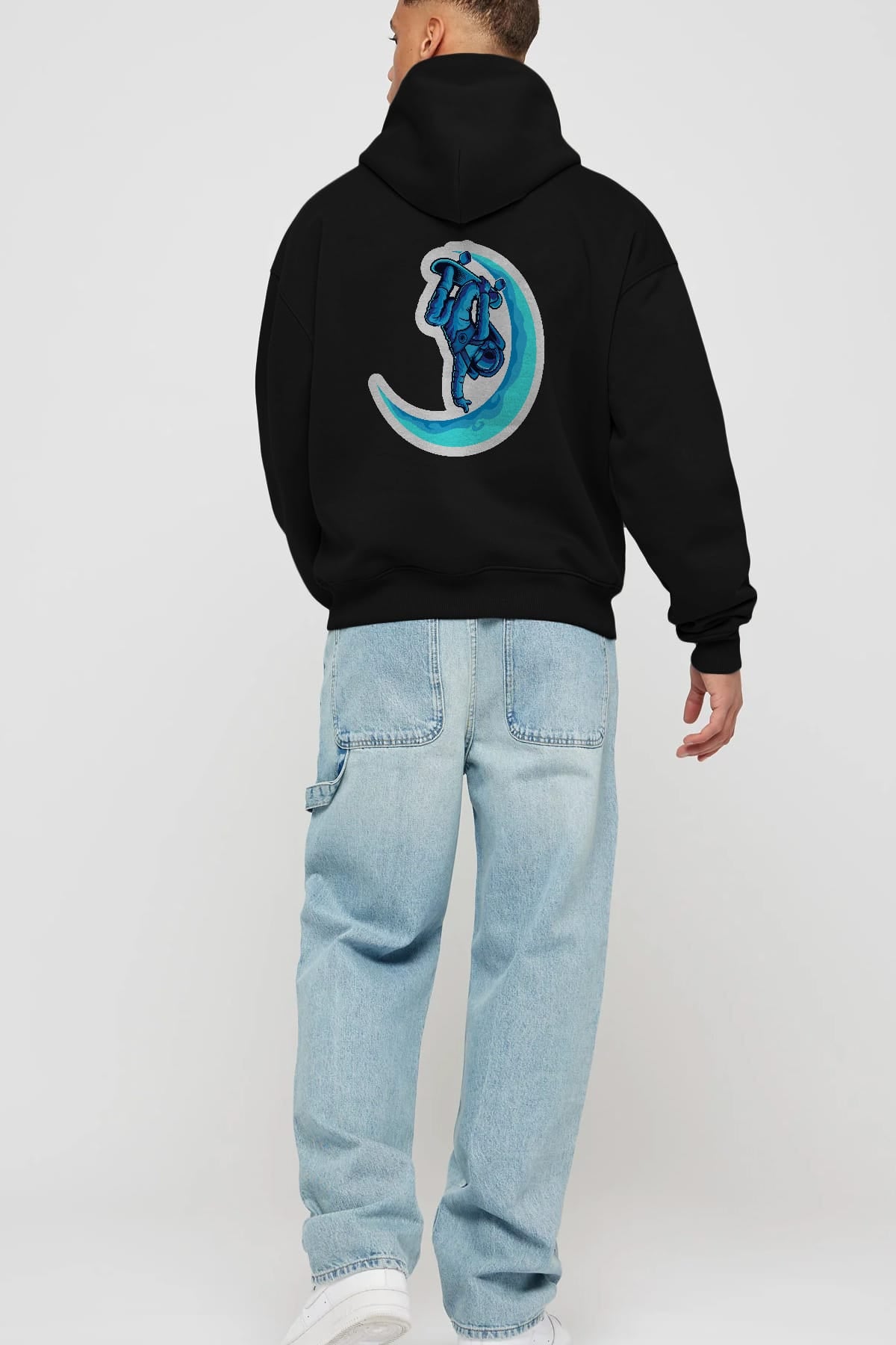 Skating on the moon sticker Arka Baskılı Hoodie Oversize Kapüşonlu Sweatshirt Erkek Kadın Unisex