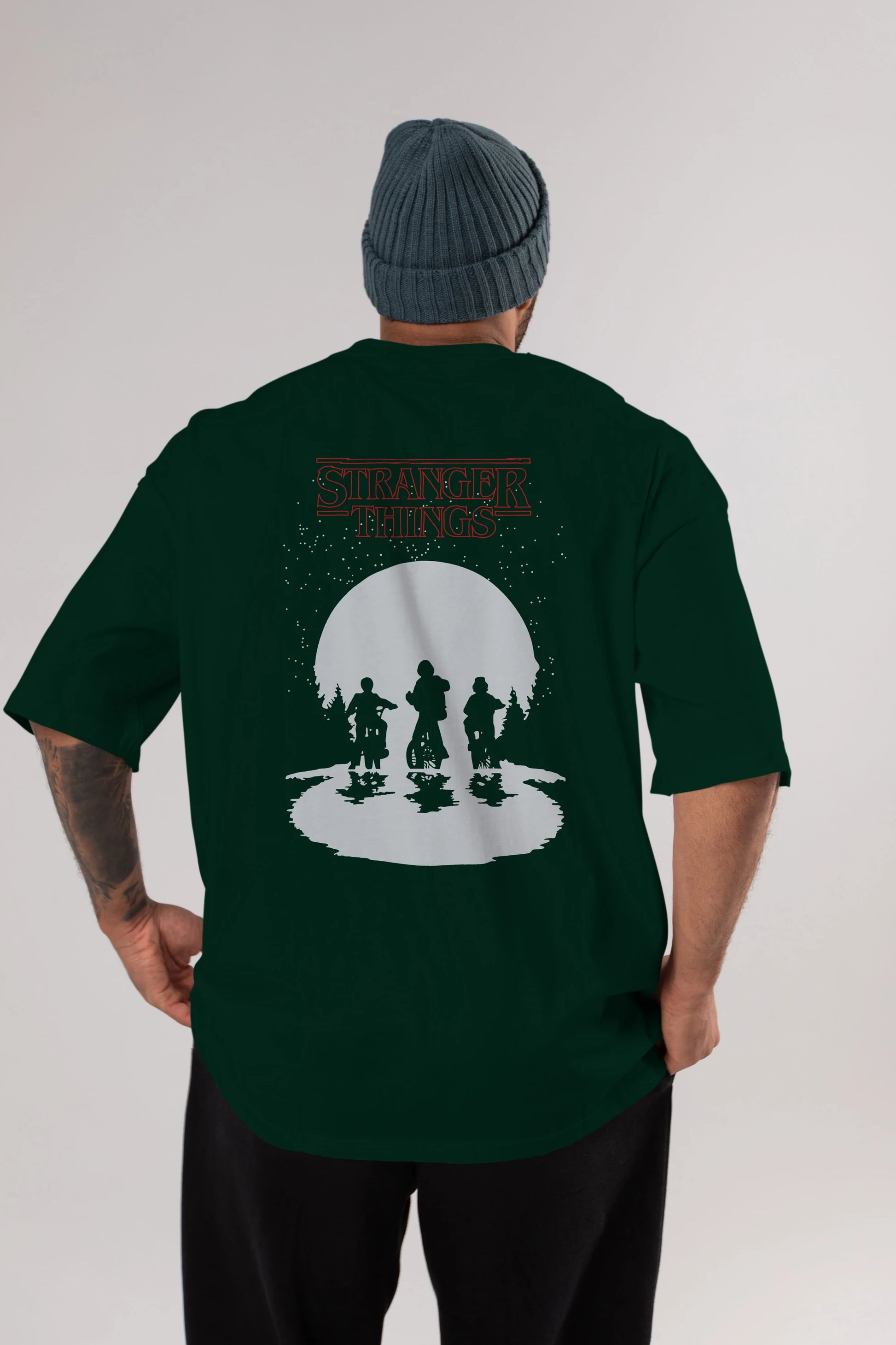 Stranger Things Arka Baskılı Oversize t-shirt Erkek Kadın Unisex %100 Pamuk Bisiklet Yaka tişort