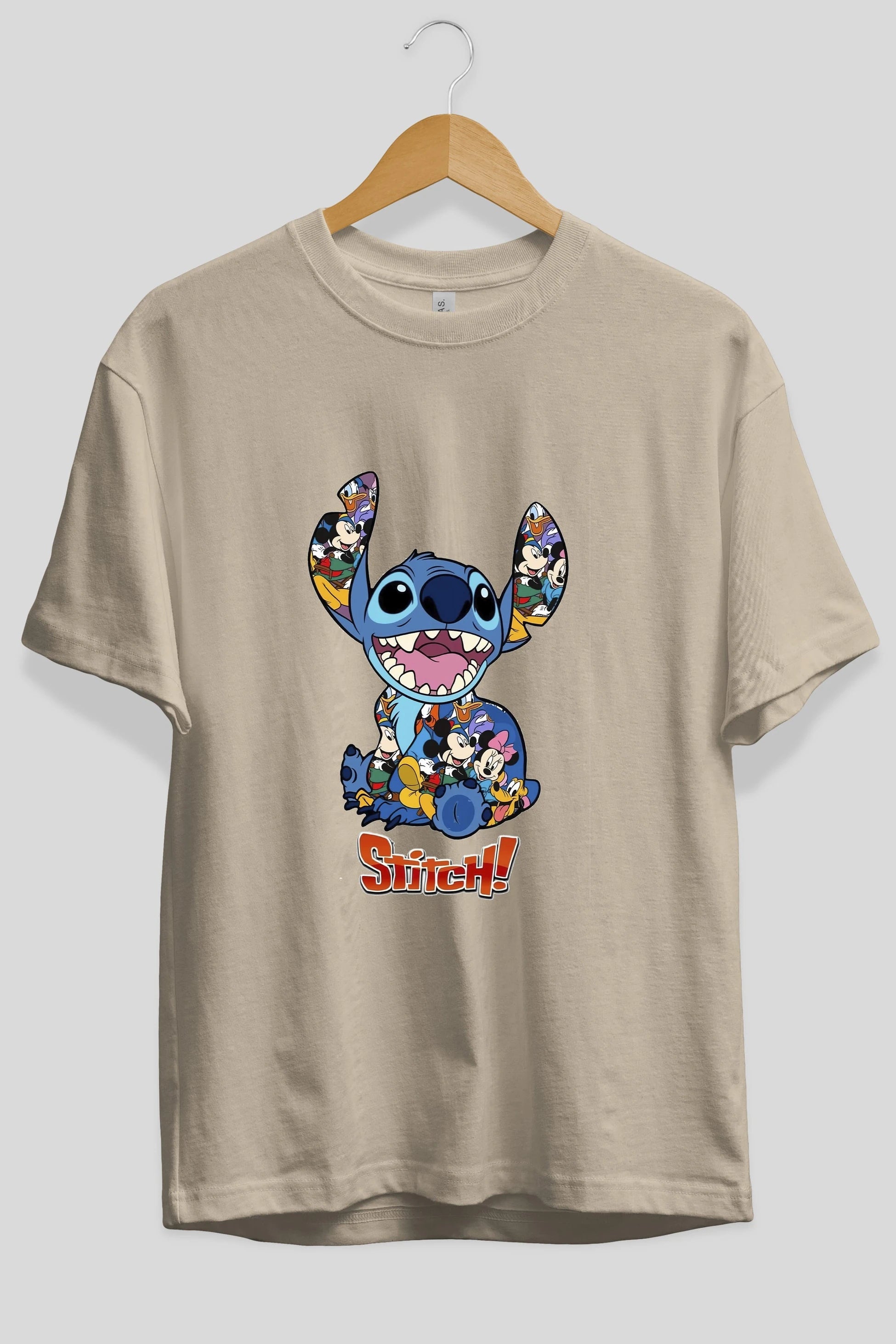 Stitch Ön Baskılı Oversize t-shirt Erkek Kadın Unisex %100 Pamuk Bisiklet Yaka tişort
