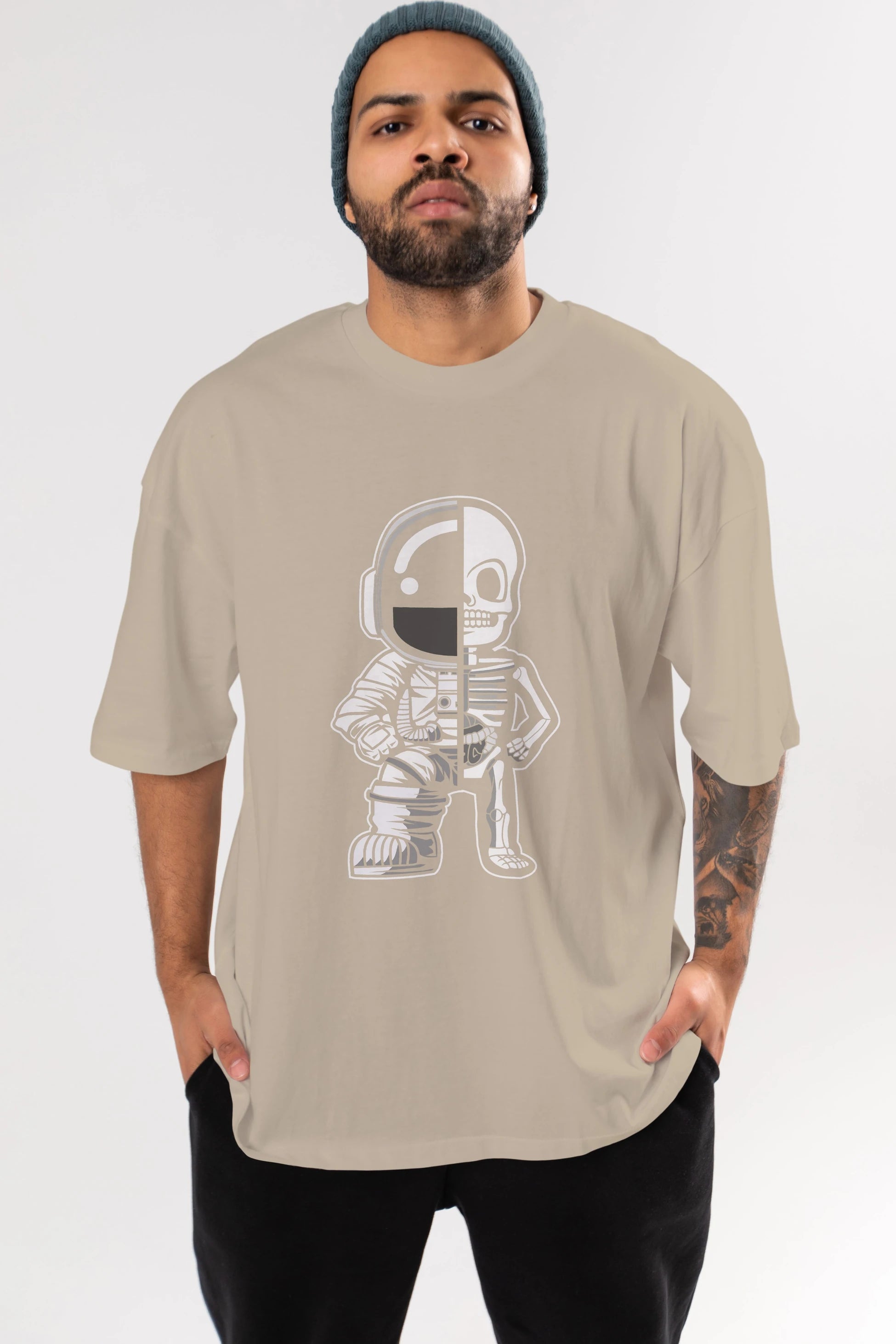 Astronaut Half Skeleton Ön Baskılı Oversize t-shirt Erkek Kadın Unisex