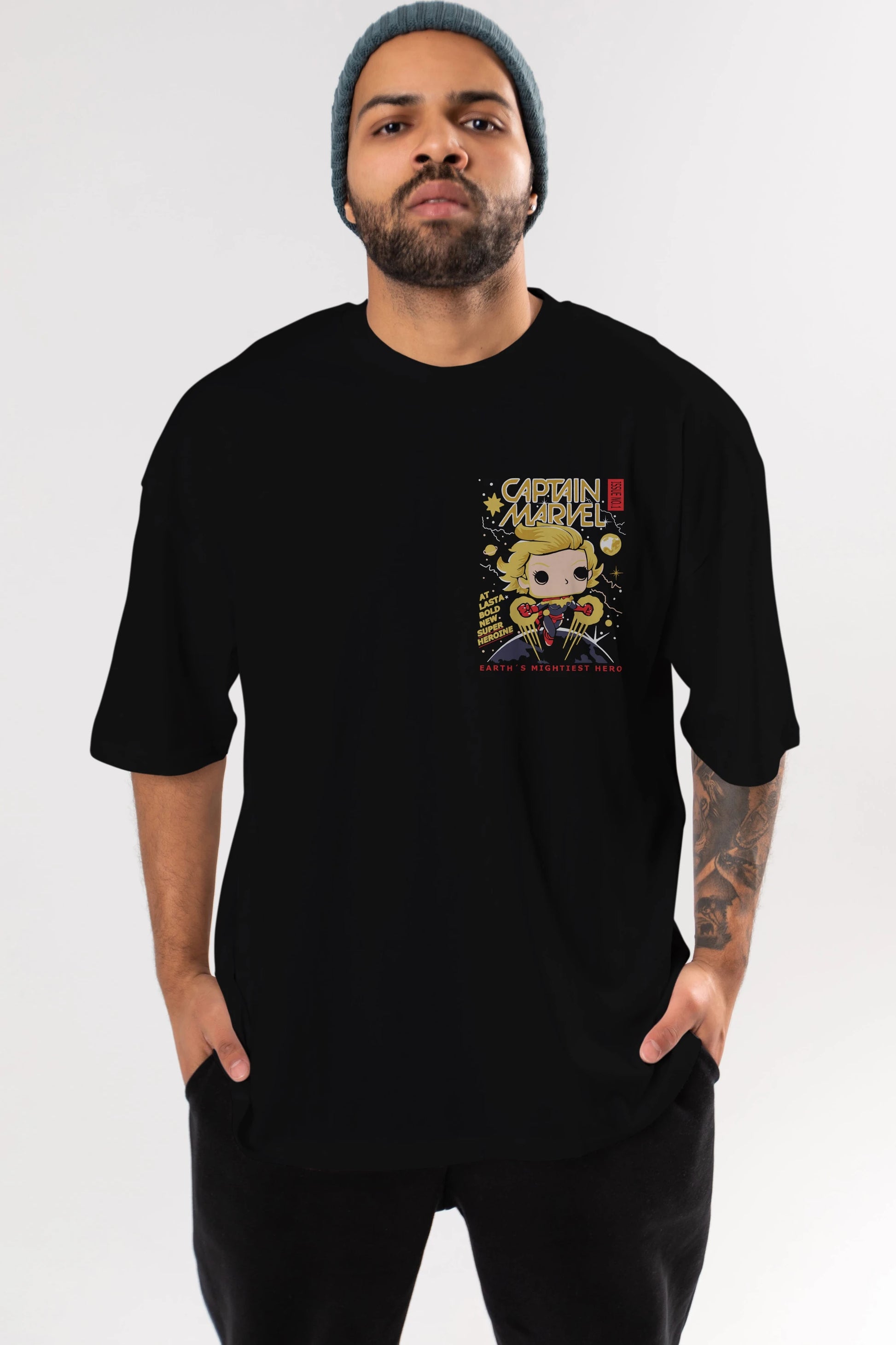 Captain Marvel Ön Sol Baskılı Oversize t-shirt Erkek Kadın Unisex %100 Pamuk Bisiklet Yaka tişort