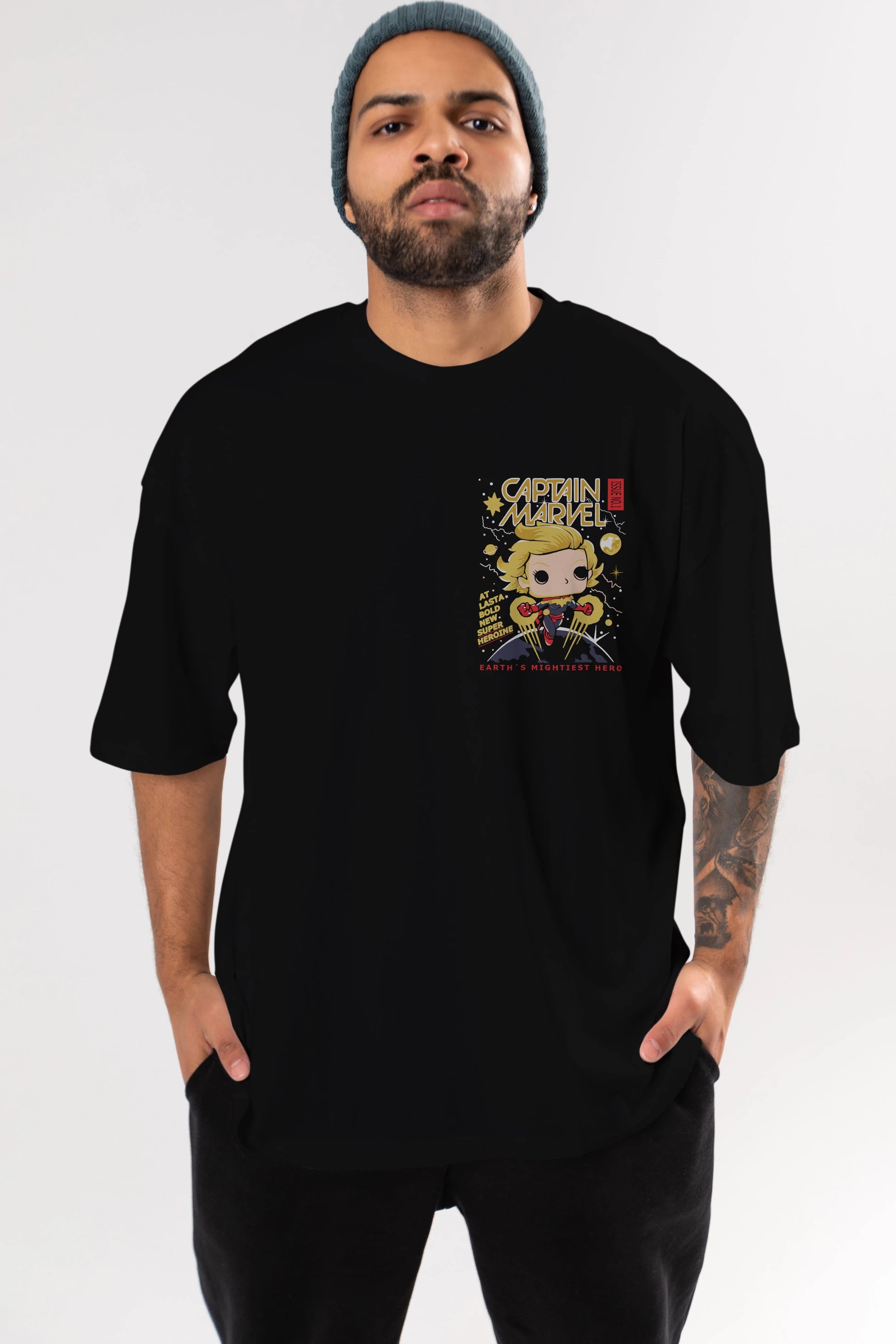 Captain Marvel Ön Sol Baskılı Oversize t-shirt Erkek Kadın Unisex %100 Pamuk Bisiklet Yaka tişort