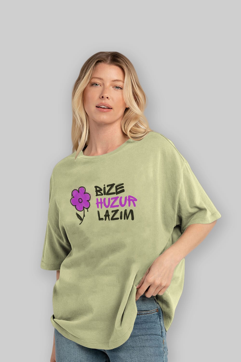 Bize Huzur Lazım Ön Baskılı Oversize t-shirt Erkek Kadın Unisex