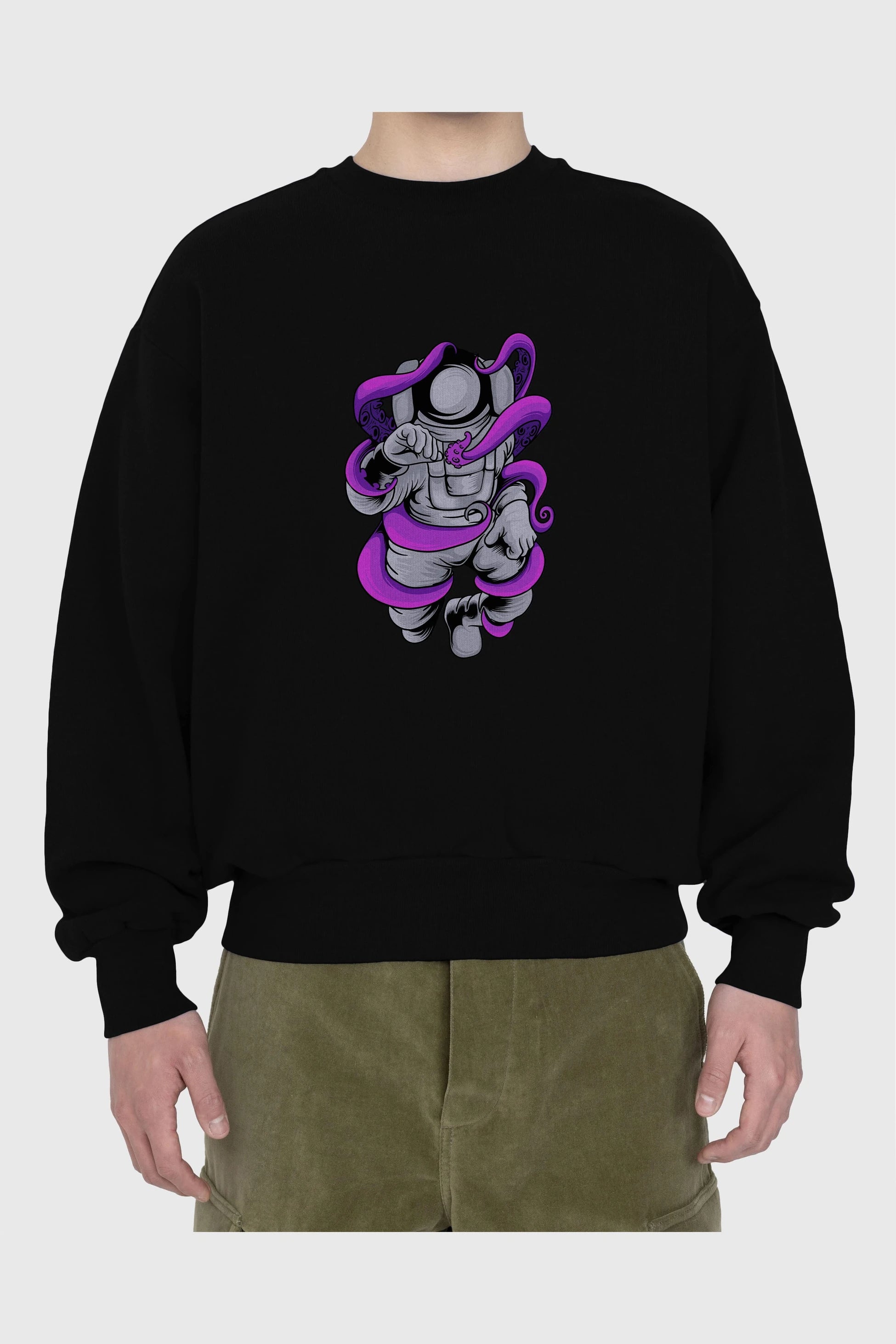 Astronaut fighting octopus Ön Baskılı Oversize Sweatshirt Erkek Kadın Unisex