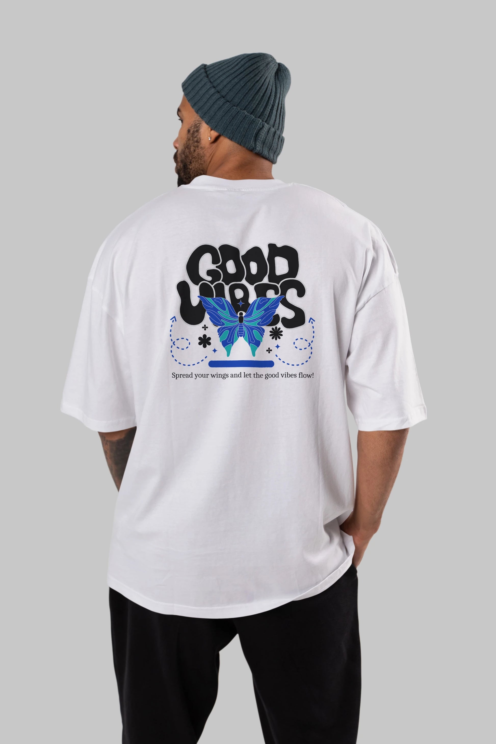 Good Vibes Yazılı 4 Arka Baskılı Oversize t-shirt Erkek Kadın Unisex