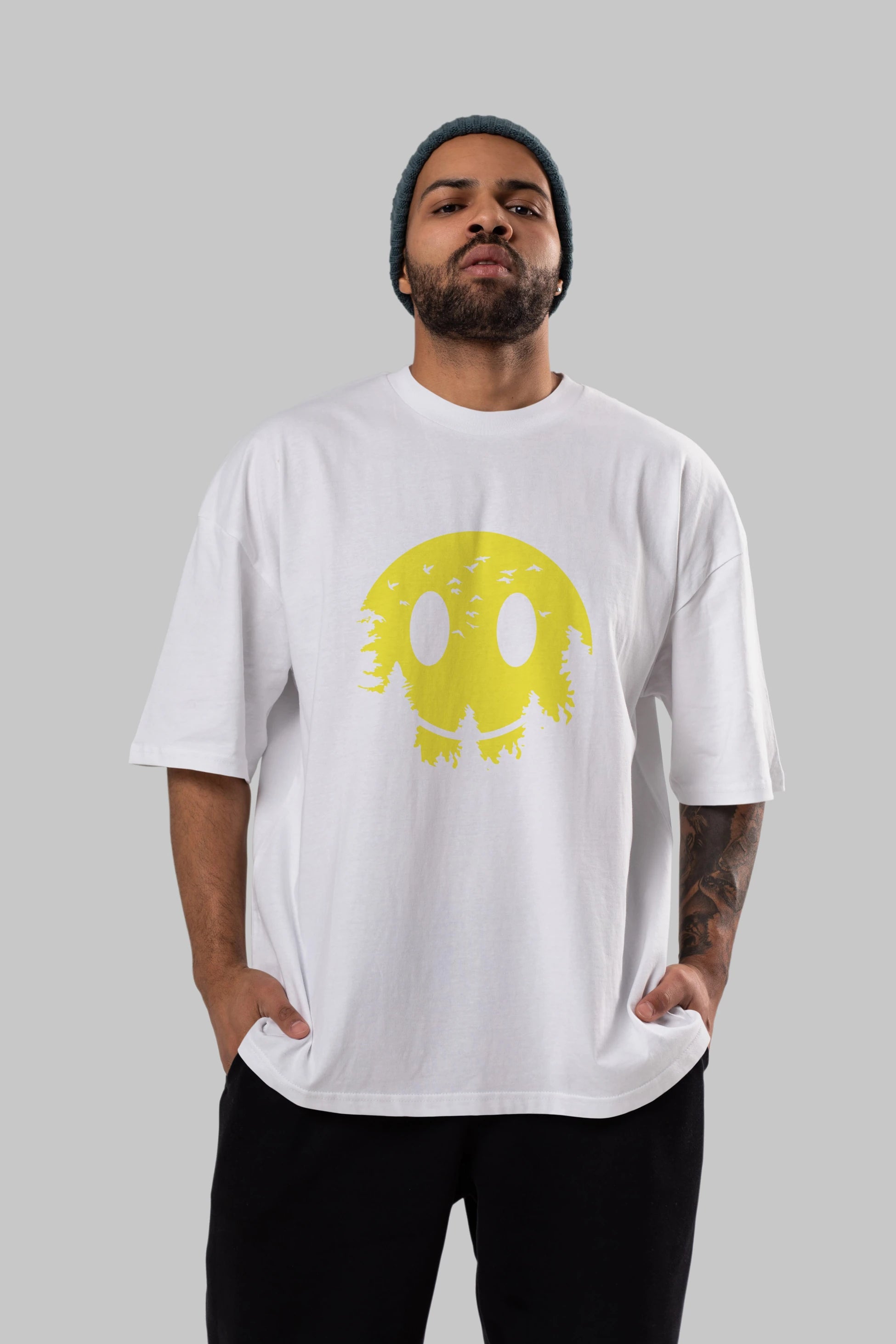 Smiley Moon Ön Baskılı Oversize t-shirt %100 pamuk Erkek Kadın Unisex
