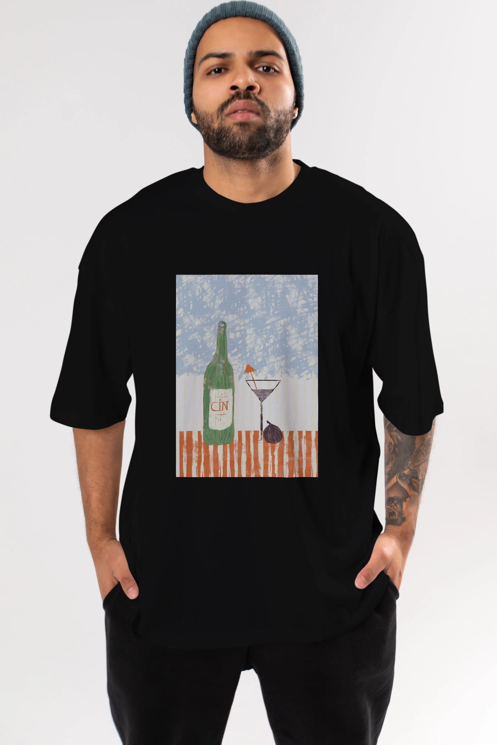 Gin Ön Baskılı Oversize t-shirt Erkek Kadın Unisex %100 Pamuk Bisiklet Yaka tişort