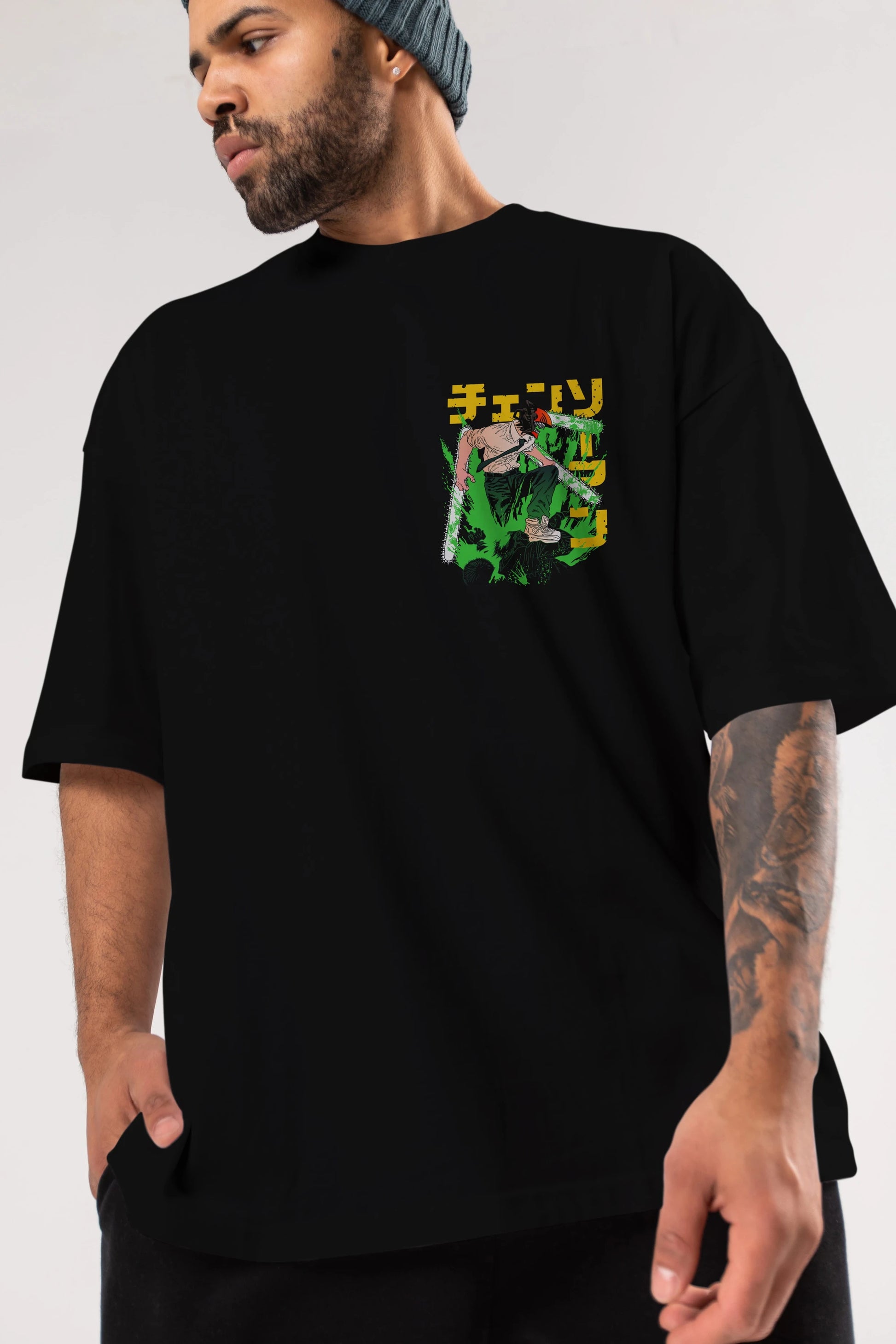 CHAINSAWMAN DENJI Ön Sol Baskılı Oversize t-shirt Erkek Kadın Unisex %100 Pamuk Bisiklet Yaka tişort