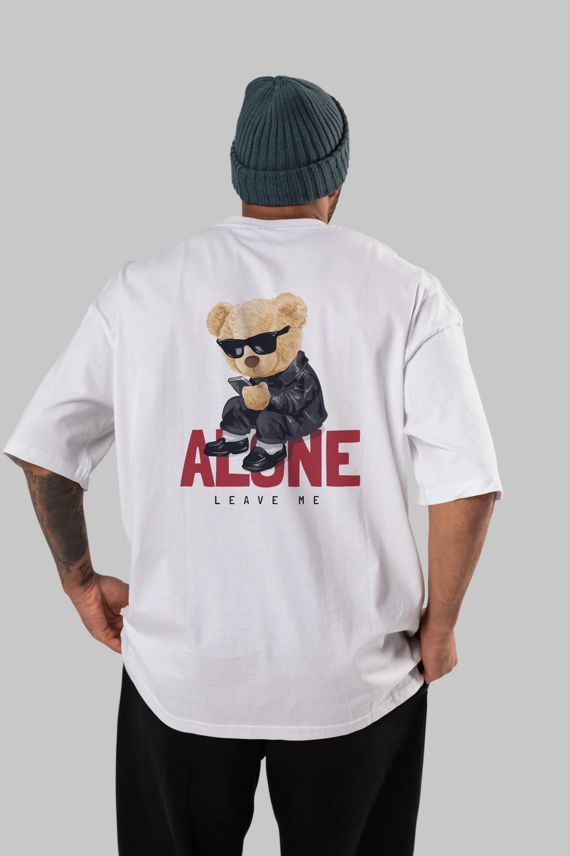 Teddy Bear Alone Arka Baskılı Oversize t-shirt Erkek Kadın Unisex %100 Pamuk