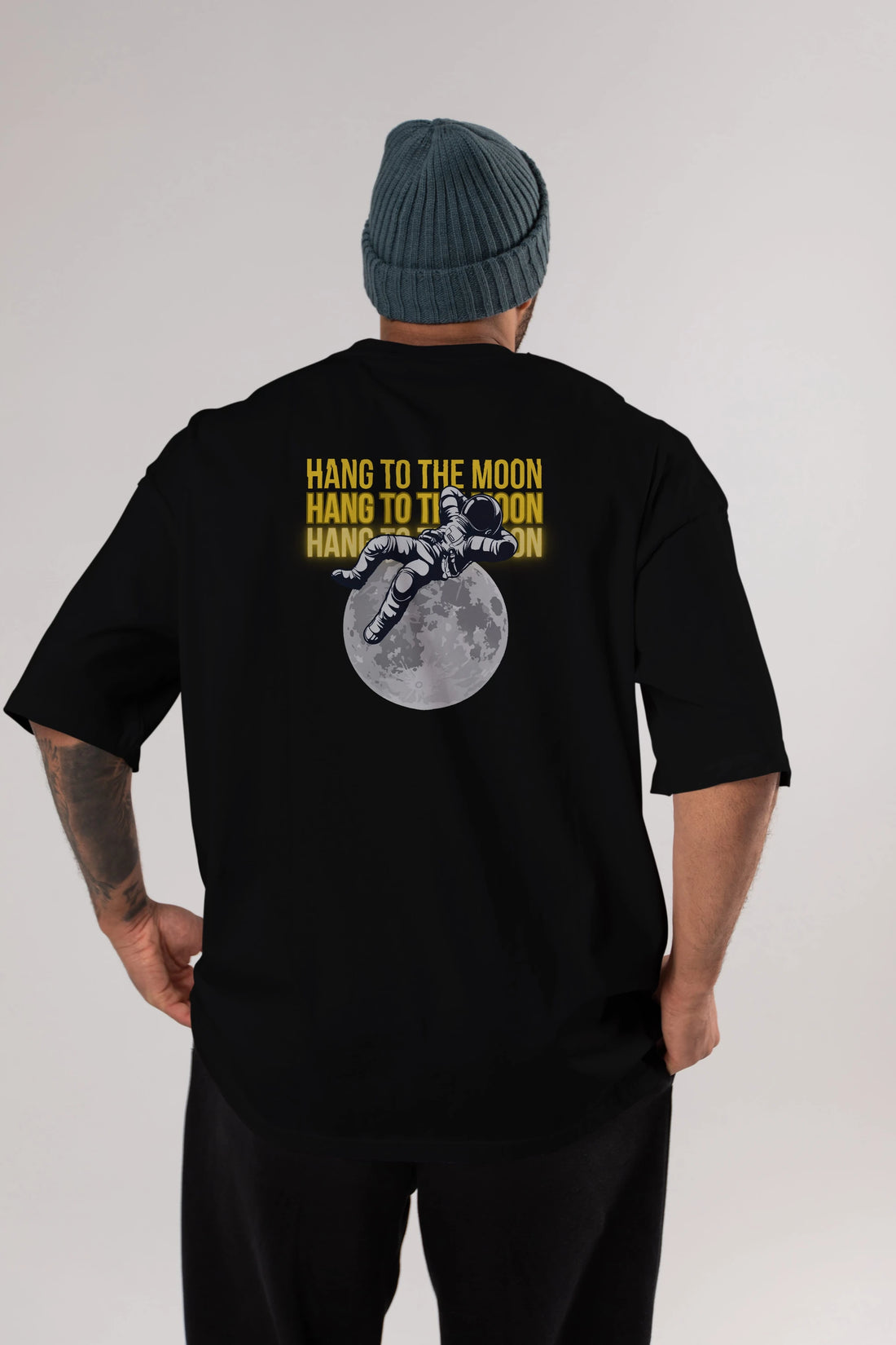 Hang to the Moon Yazılı Arka Baskılı Oversize t-shirt Erkek Kadın Unisex