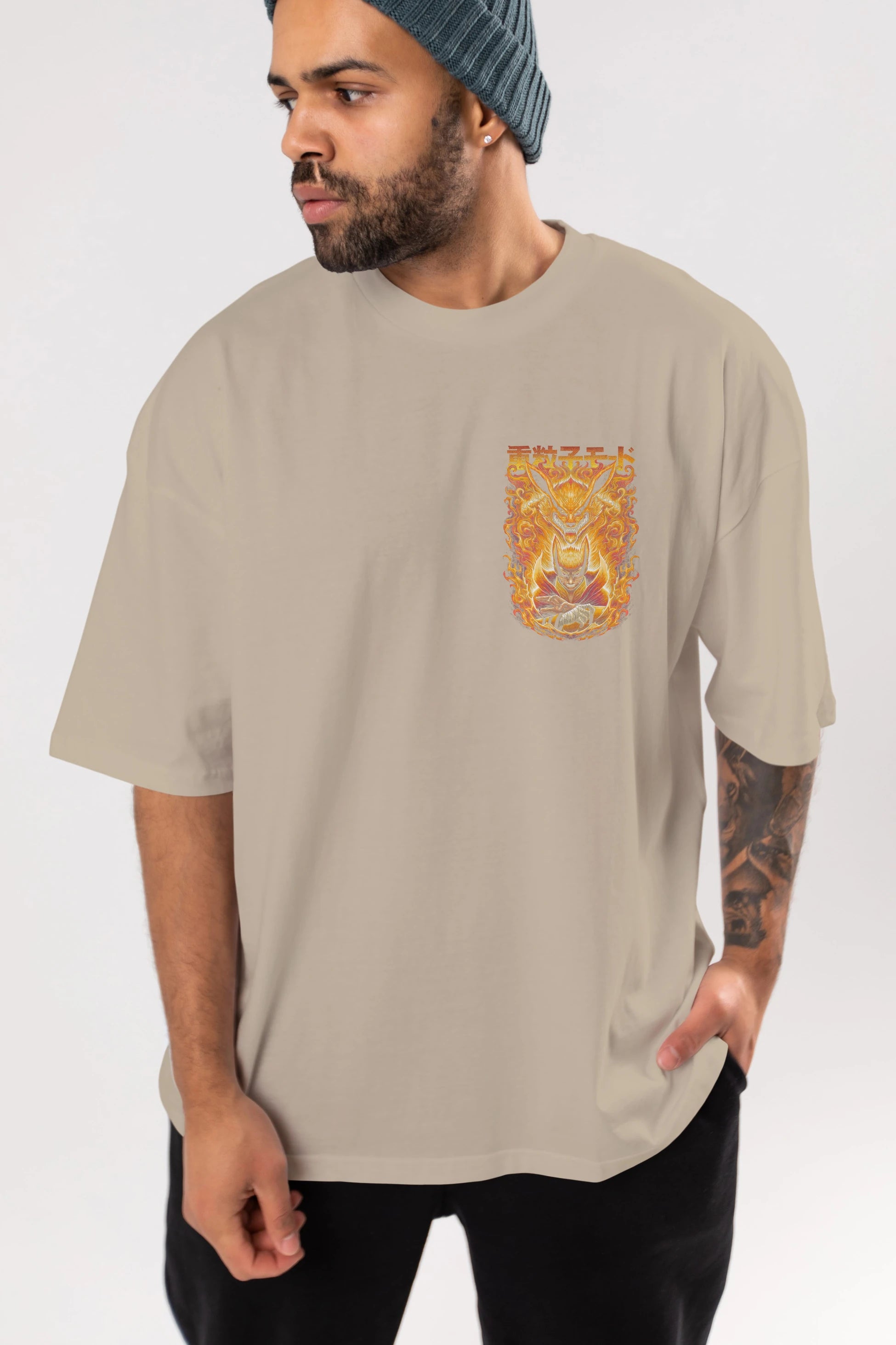 NARUTO KYUUBI 1 Ön Sol Baskılı Oversize t-shirt Erkek Kadın Unisex %100 Pamuk Bisiklet Yaka tişort