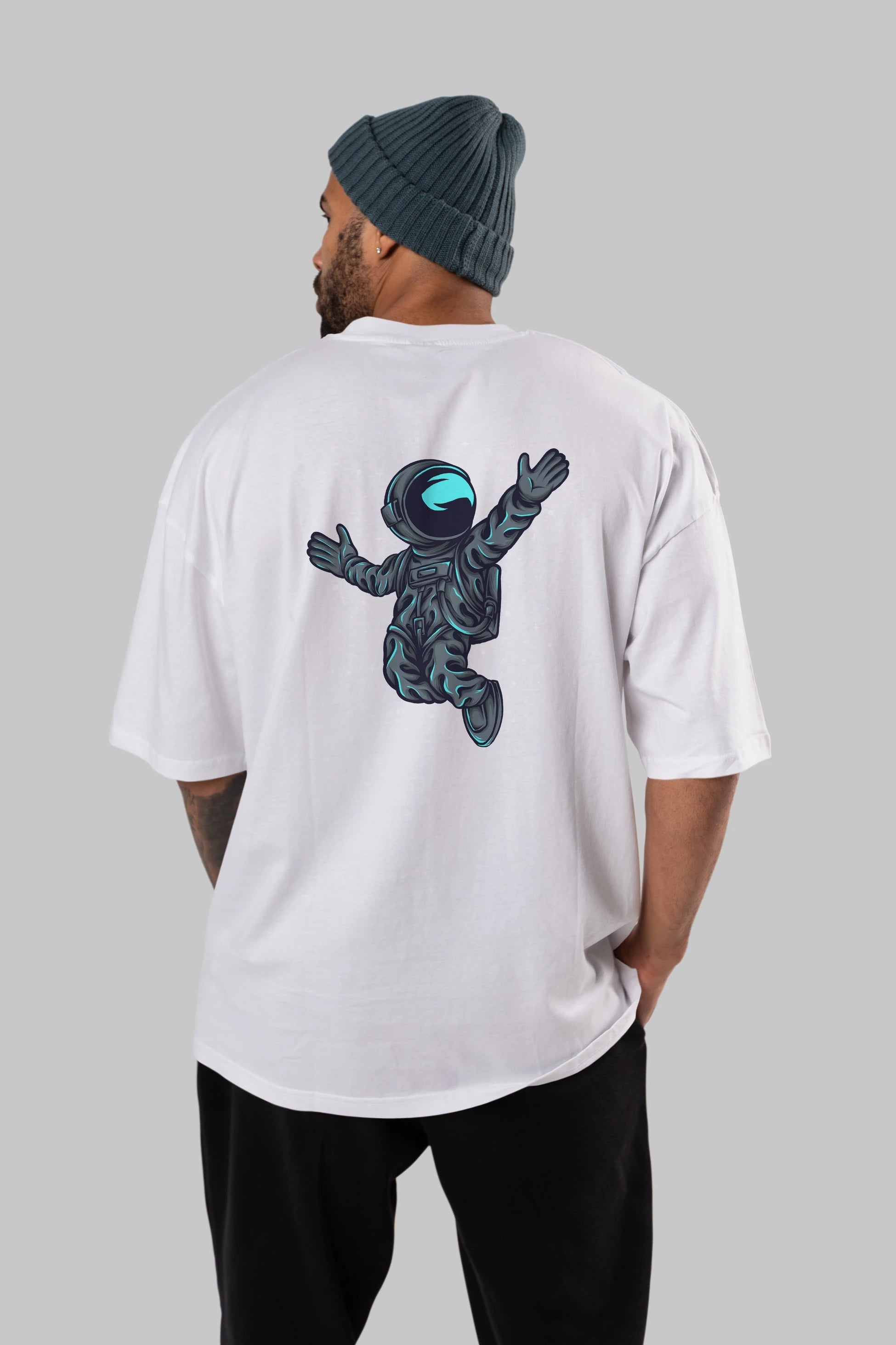 Happy Astronaut Arka Baskılı Oversize t-shirt Erkek Kadın Unisex