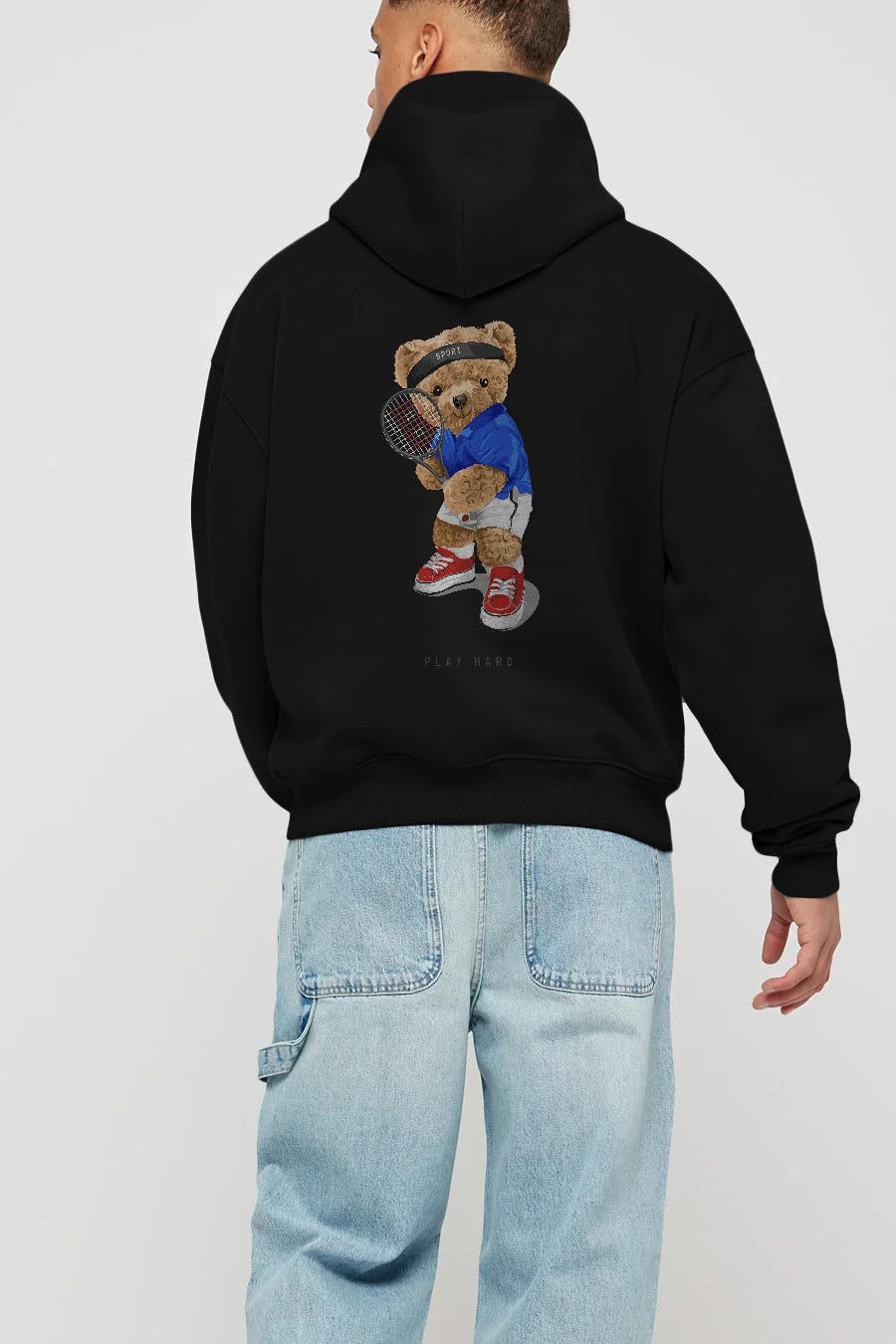 Teddy Bear Play Hard Arka Baskılı Hoodie Oversize Kapüşonlu Sweatshirt Erkek Kadın Unisex
