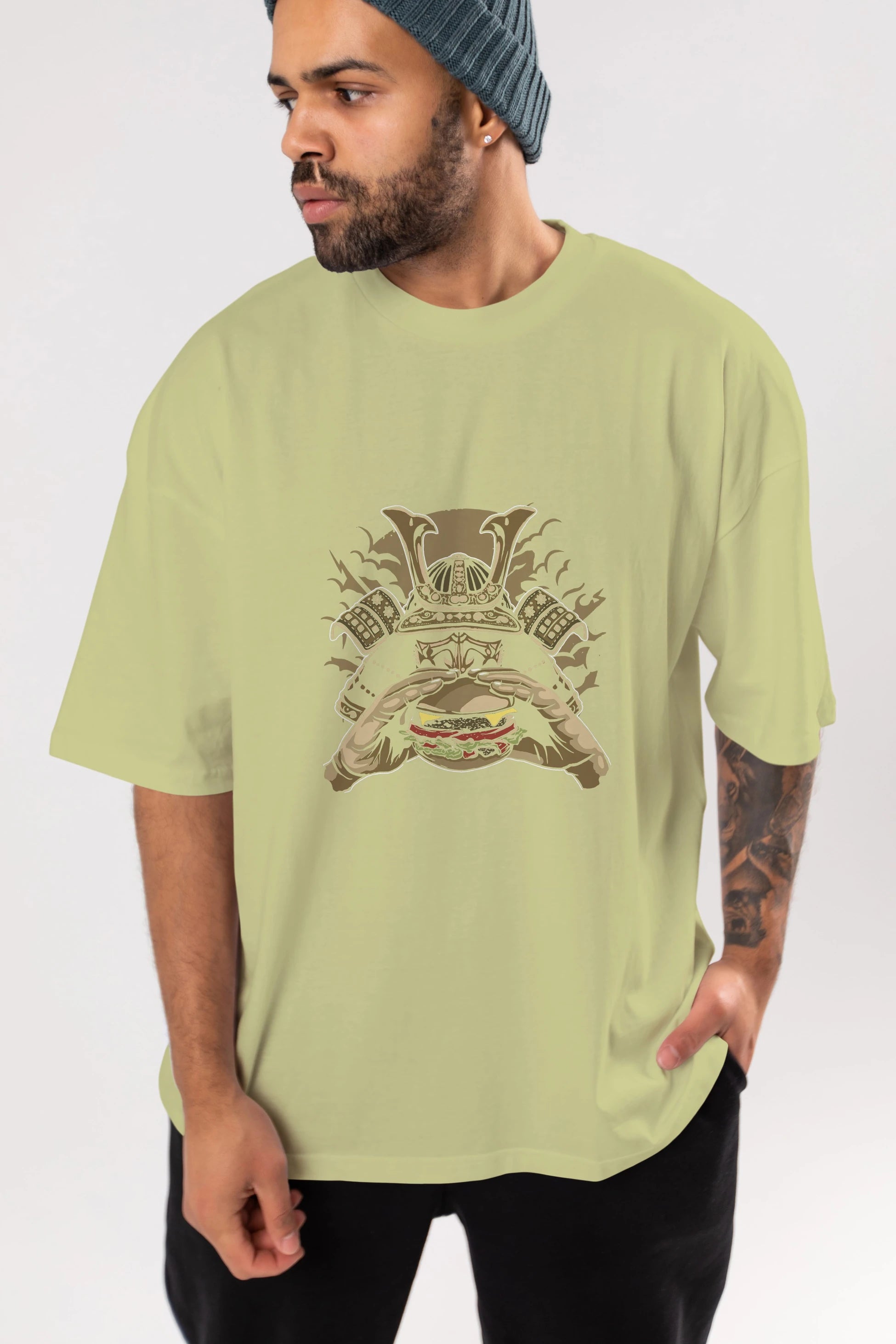 Samurai Burger Ön Baskılı Oversize t-shirt Erkek Kadın Unisex %100 Pamuk tişort