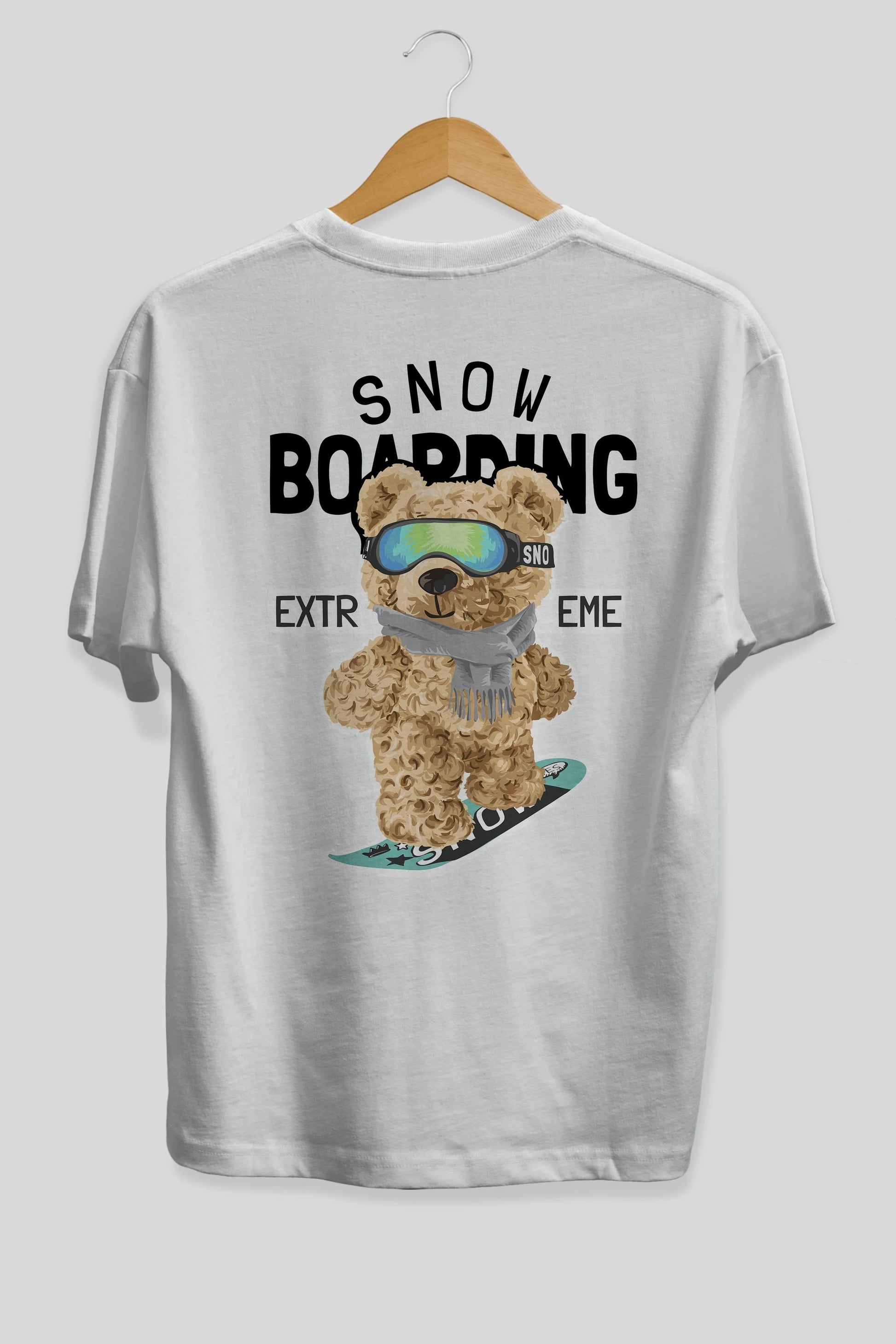 Teddy Bear Snow Boarding Arka Baskılı Oversize t-shirt Erkek Kadın Unisex %100 Pamuk
