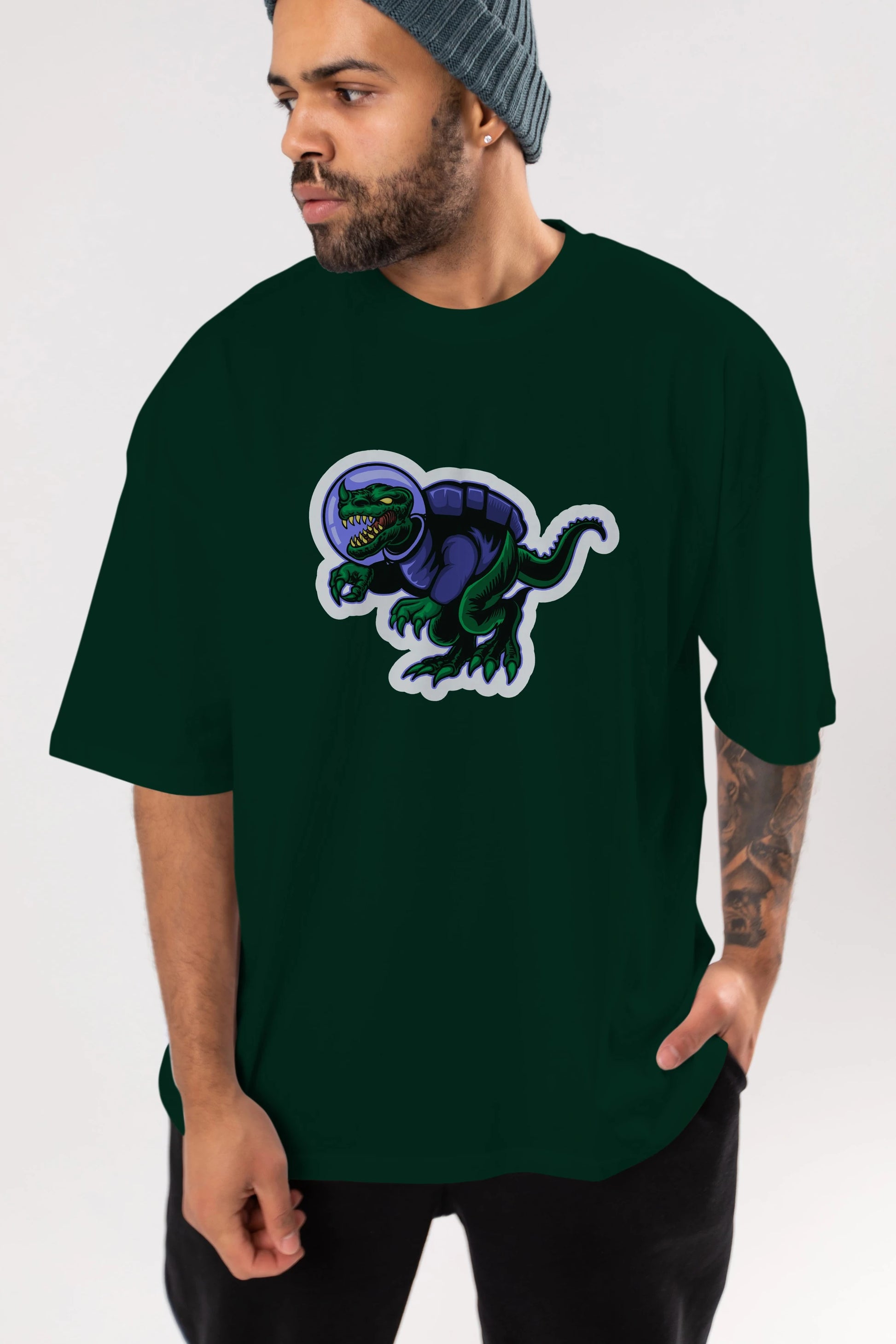 Space Dino Sticker Ön Baskılı Oversize t-shirt Erkek Kadın Unisex