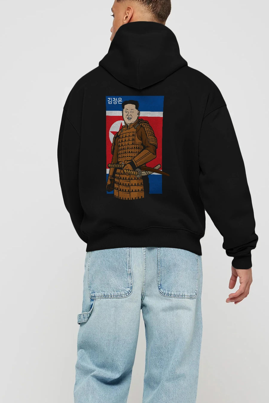 Samurai Jong Un Arka Baskılı Hoodie Oversize Kapüşonlu Sweatshirt Erkek Kadın Unisex