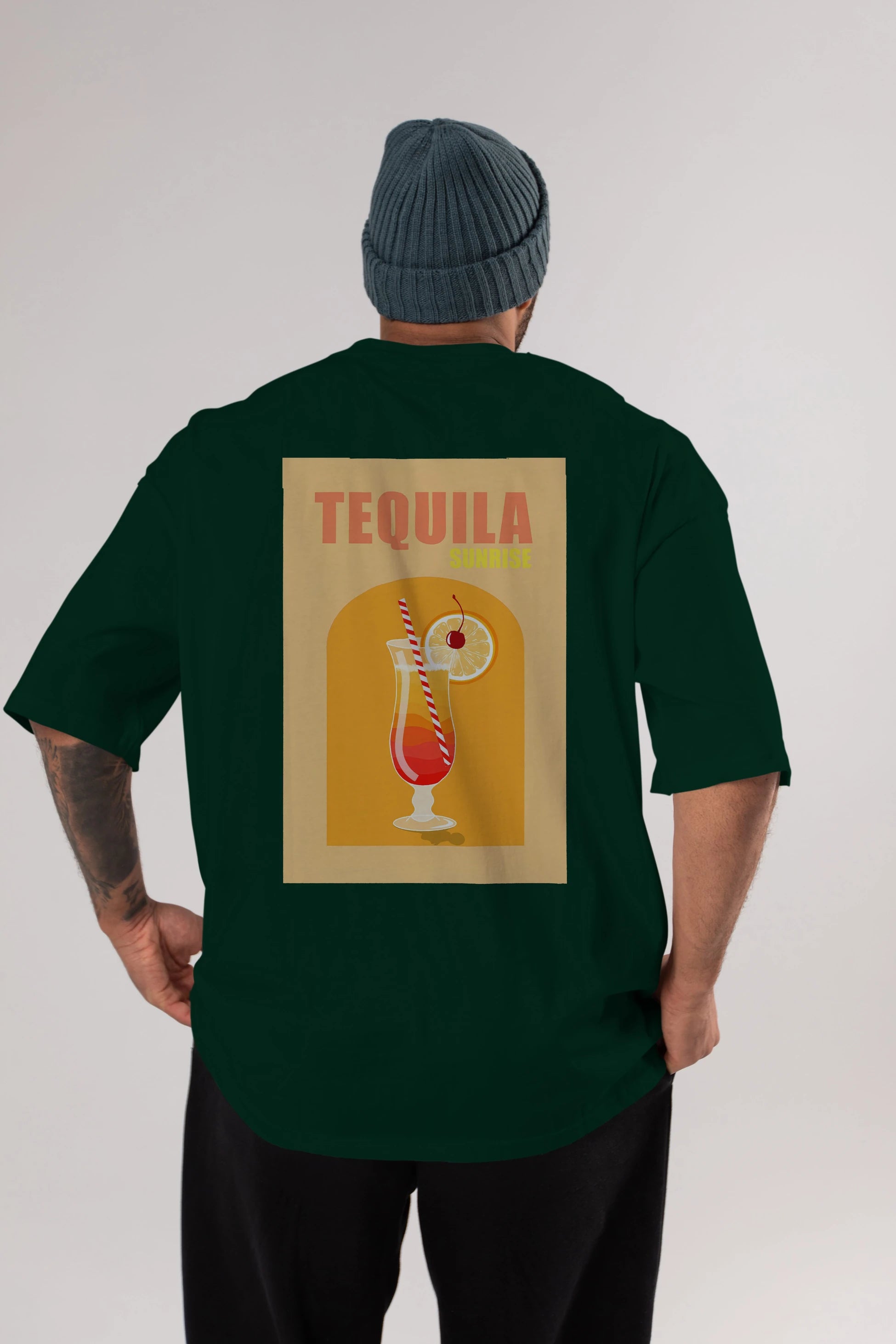 Tequila Sunrise Arka Baskılı Oversize t-shirt Erkek Kadın Unisex %100 Pamuk Bisiklet Yaka tişort