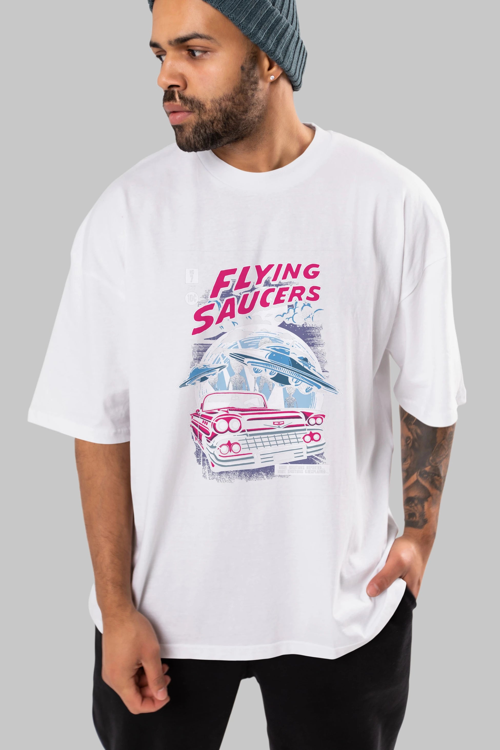 Flying Saucers Ön Baskılı Oversize t-shirt Erkek Kadın Unisex %100 Pamuk tişort