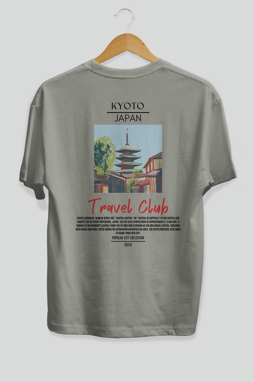 Kyoto Japan Arka Baskılı Oversize t-shirt Erkek Kadın Pamuk Bisiklet Yaka tişort