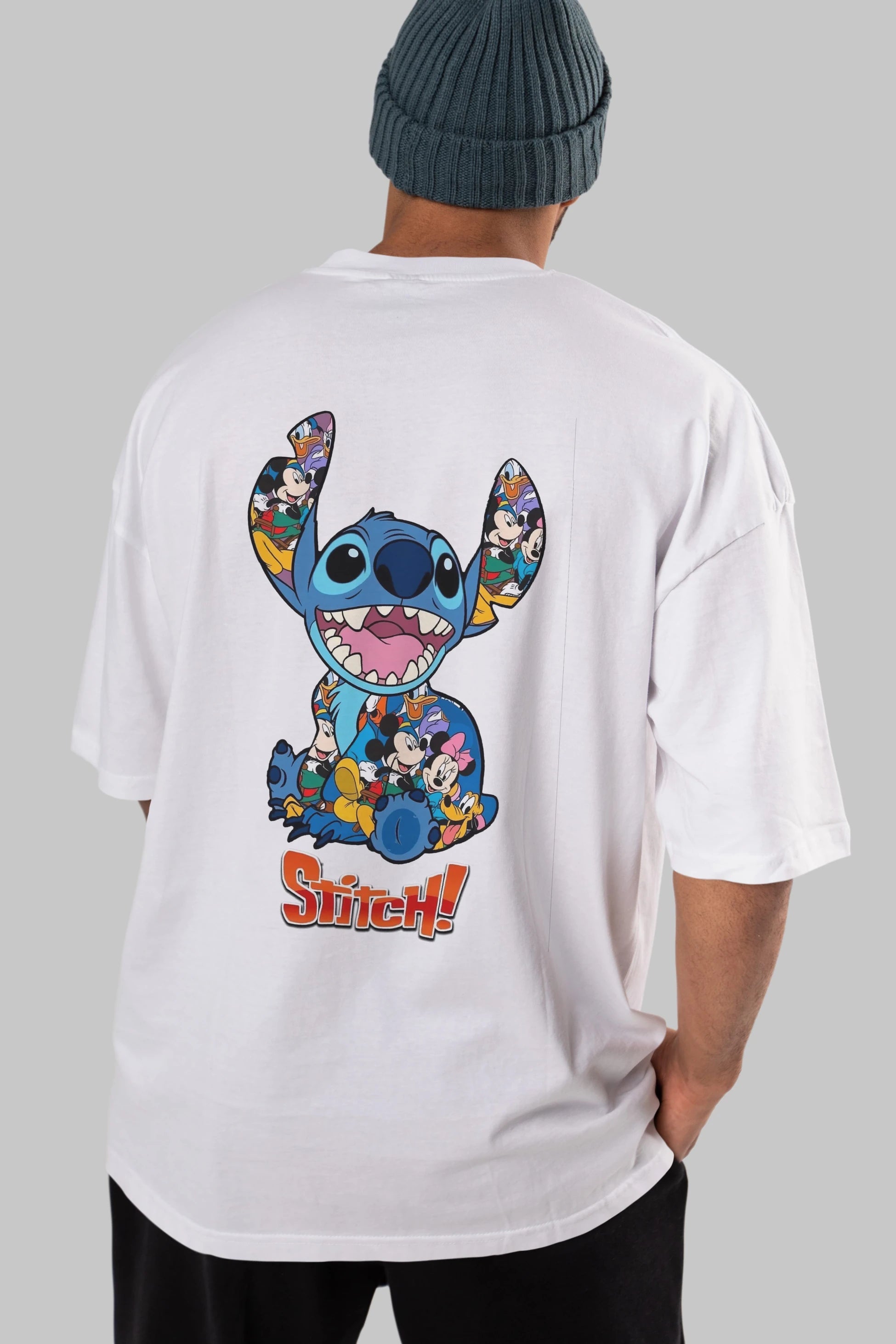 Stitch Arka Baskılı Oversize t-shirt Erkek Kadın Unisex %100 Pamuk Bisiklet Yaka tişort