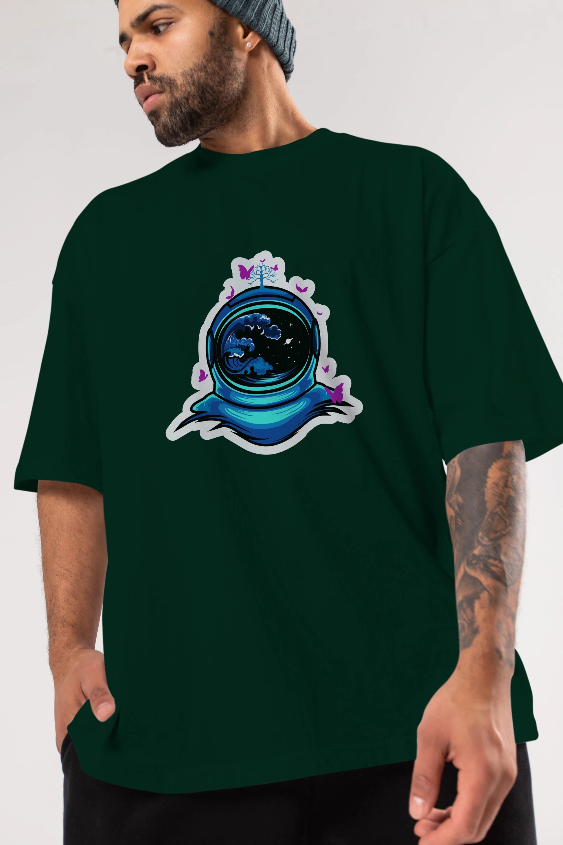 Astronaut and Butterfly Sticker Ön Baskılı Oversize t-shirt Erkek Kadın Unisex
