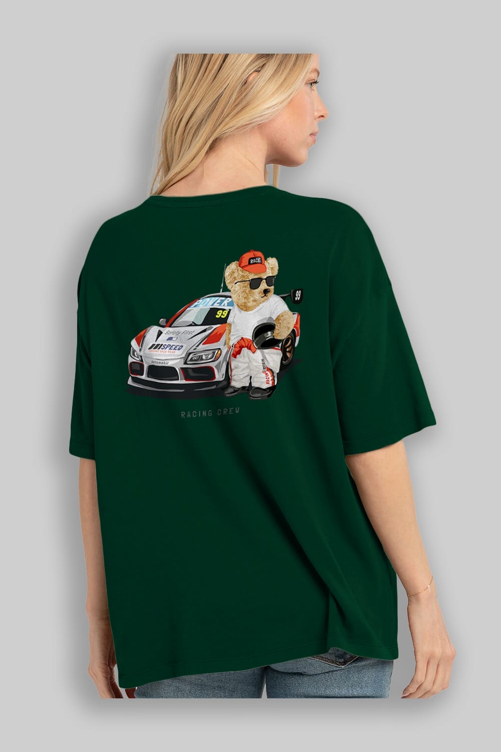 Teddy Bear Racing Crew Arka Baskılı Oversize t-shirt Erkek Kadın Unisex %100 Pamuk