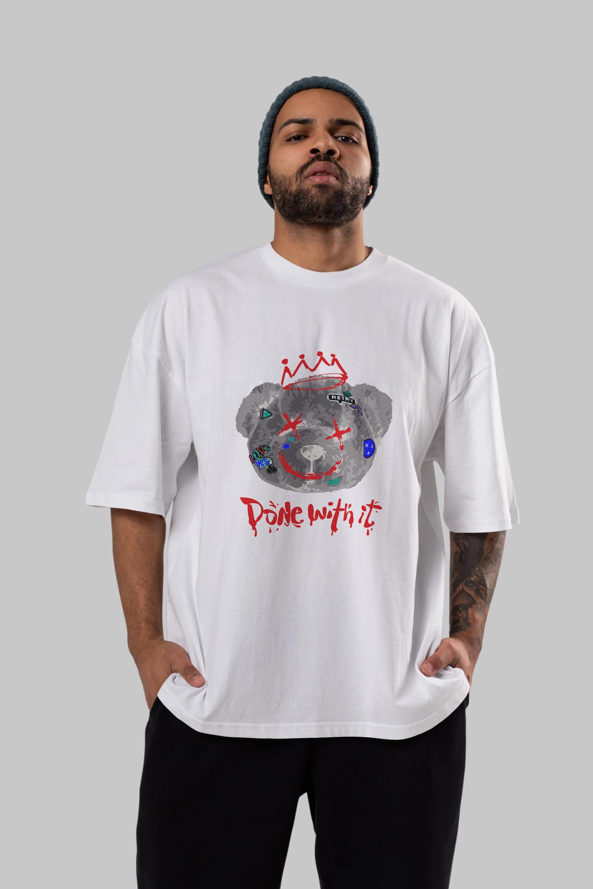 Done With it Bear Ön Baskılı Oversize t-shirt Erkek Kadın Unisex