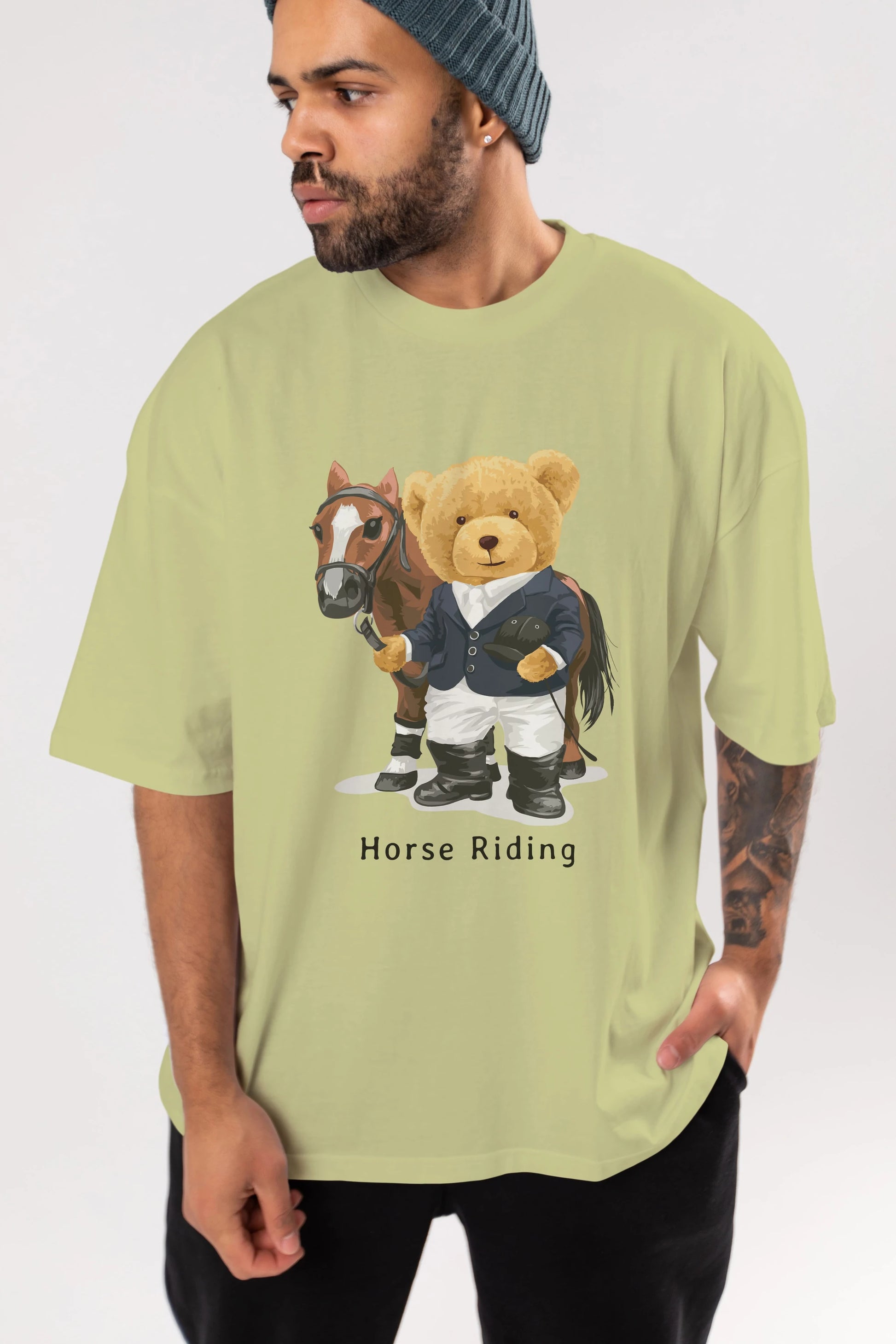 Teddy Bear Horse Riding Ön Baskılı Oversize t-shirt Erkek Kadın Unisex %100 Pamuk