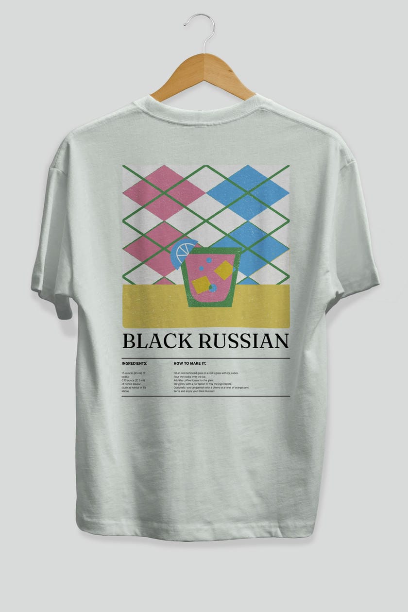 Black Russian Kokteyl Serisi Arka Baskılı Oversize t-shirt Erkek Kadın %100 Pamuk Bisiklet Yaka tişort