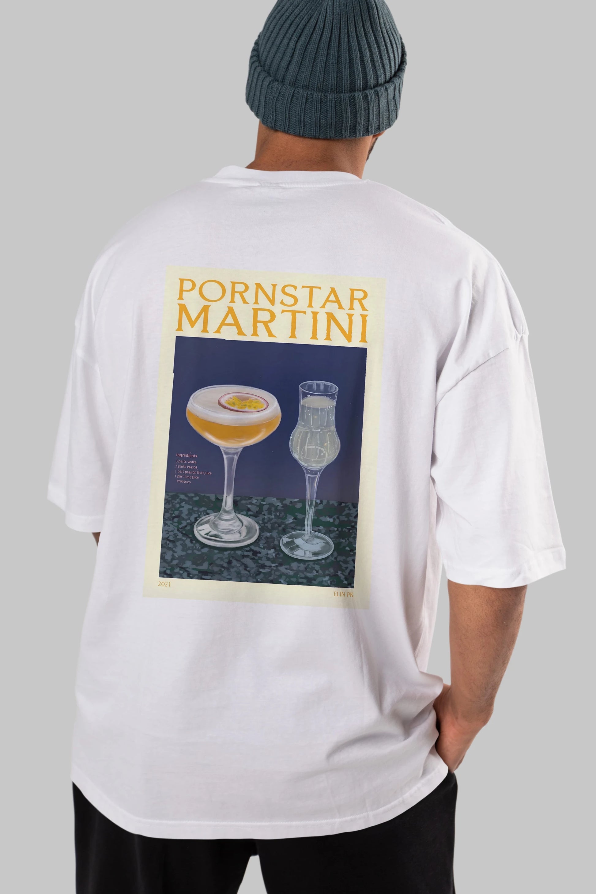 P.rnstar Martini Arka Baskılı Oversize t-shirt Erkek Kadın Unisex %100 Pamuk Bisiklet Yaka tişort