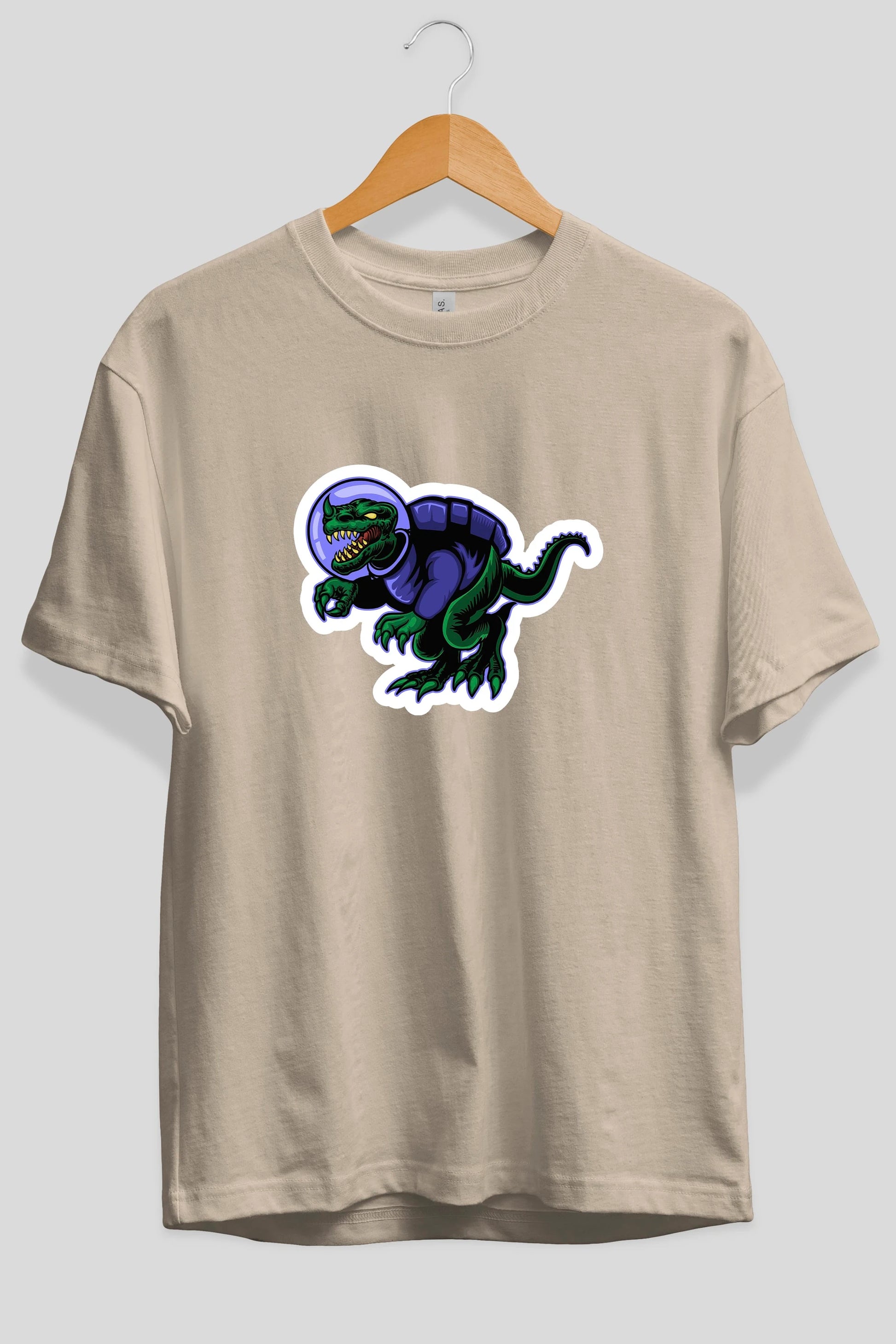 Space Dino Sticker Ön Baskılı Oversize t-shirt Erkek Kadın Unisex