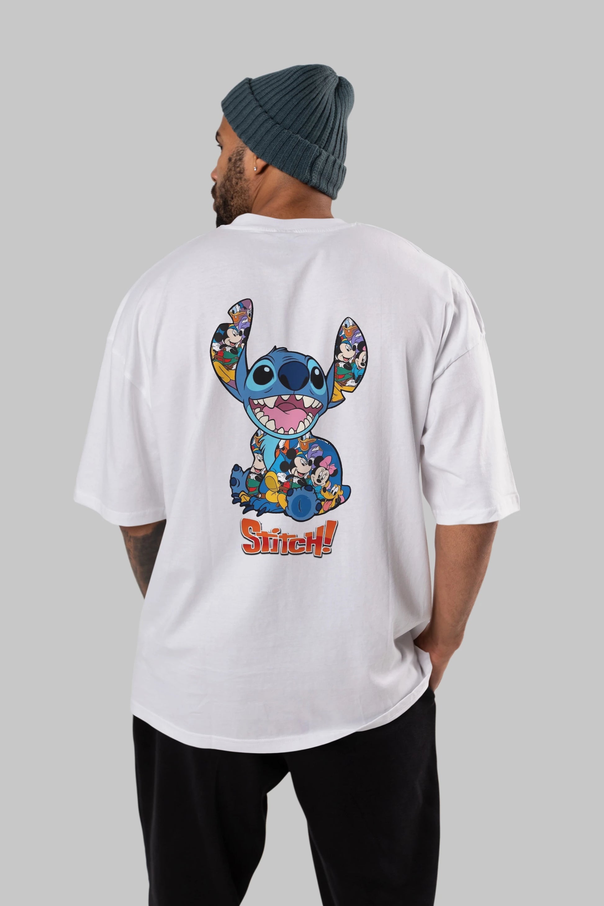 Stitch Arka Baskılı Oversize t-shirt Erkek Kadın Unisex %100 Pamuk Bisiklet Yaka tişort
