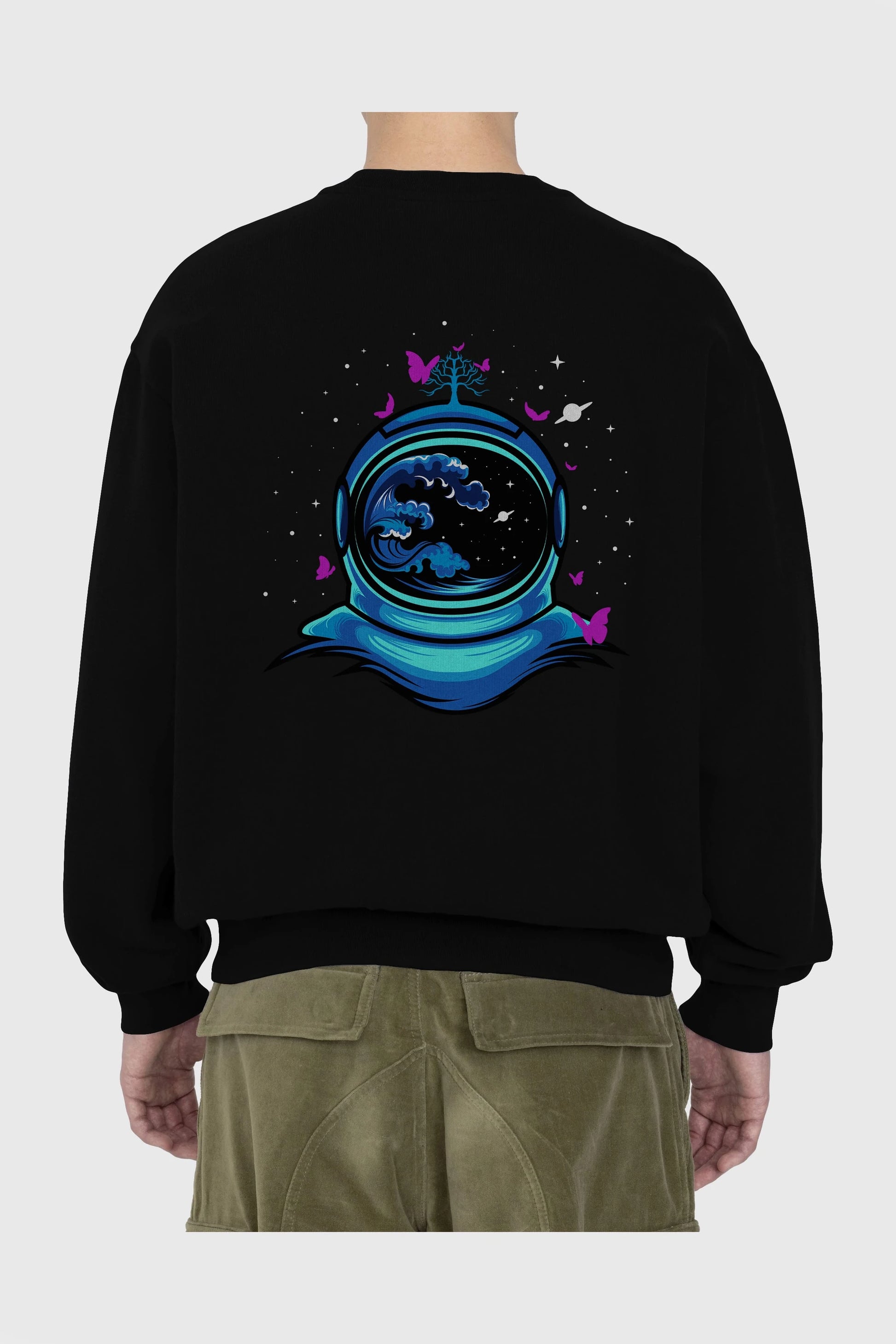 Astronaut and Butterfly Arka Baskılı Oversize Sweatshirt Erkek Kadın Unisex