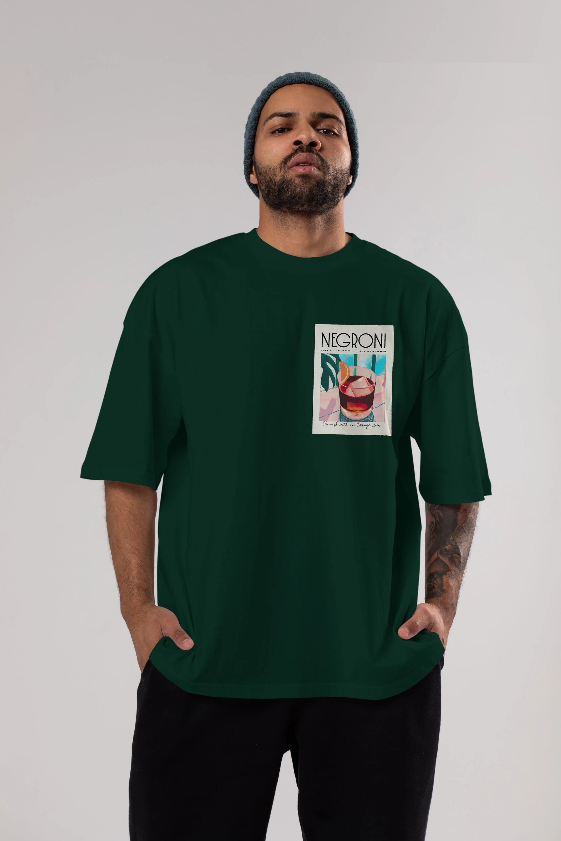 Negroni 4 Ön Sol Baskılı Oversize t-shirt Erkek Kadın Unisex %100 Pamuk Bisiklet Yaka tişort