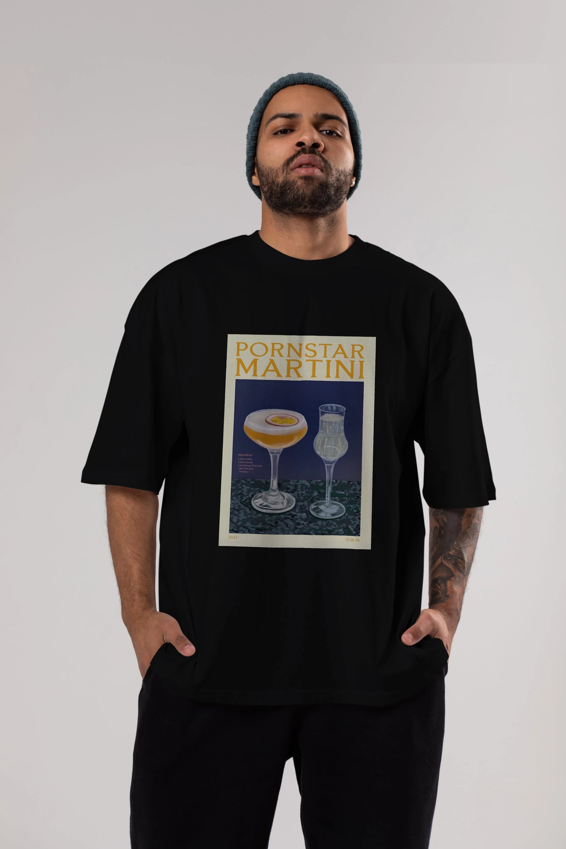 P.rnstar Martini Ön Baskılı Oversize t-shirt Erkek Kadın Unisex %100 Pamuk Bisiklet Yaka tişort