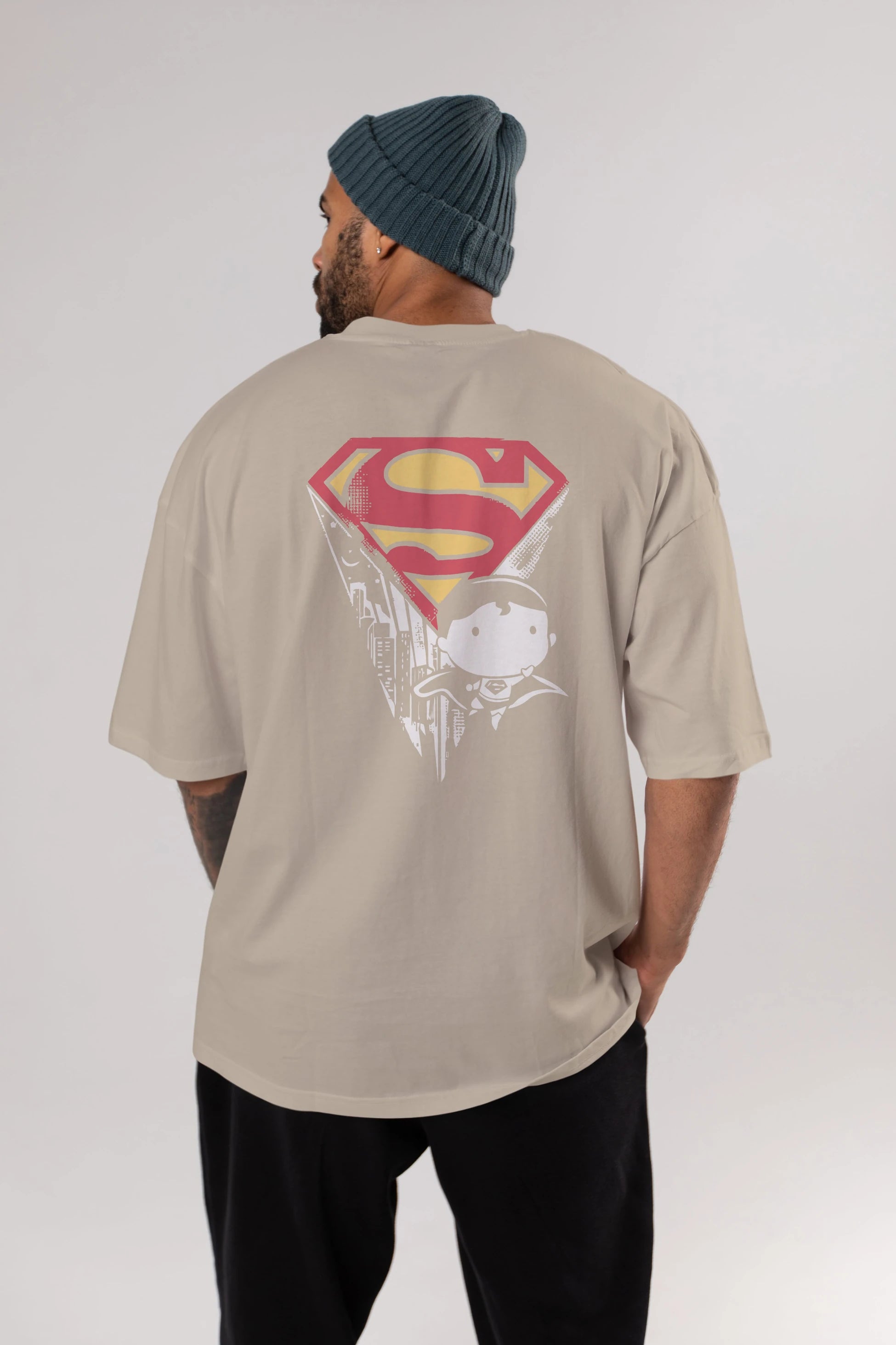Superman Arka Baskılı Oversize t-shirt Erkek Kadın Unisex %100 Pamuk Bisiklet Yaka tişort