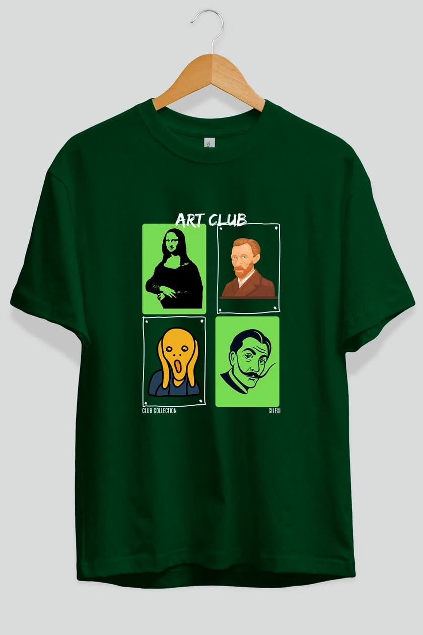 Art Club ön Baskılı Oversize t-shirt Erkek Kadın %100 Pamuk Bisiklet Yaka tişort