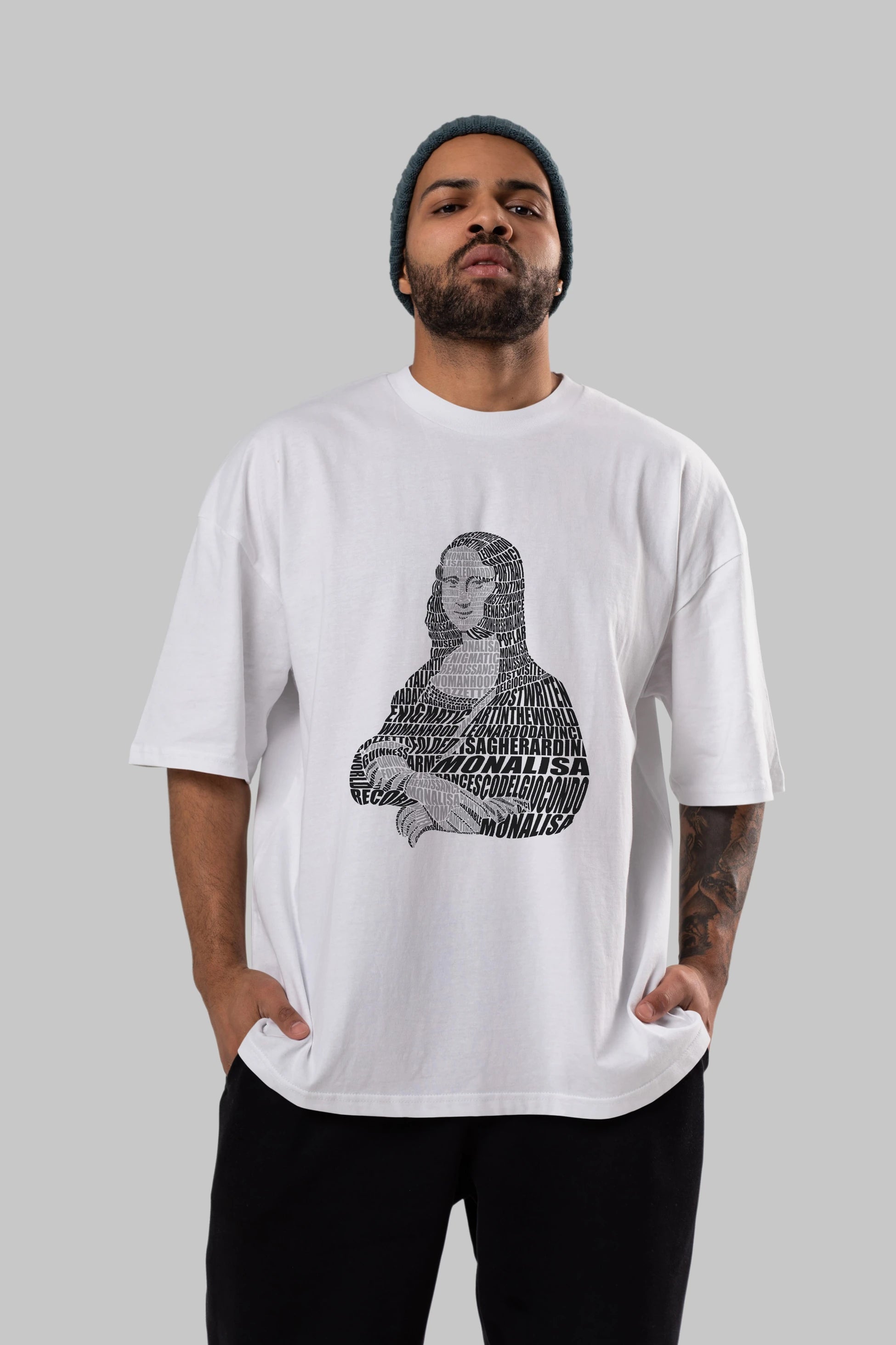 Mona Lisa Calligram Ön Baskılı Oversize t-shirt %100 pamuk Erkek Kadın Unisex