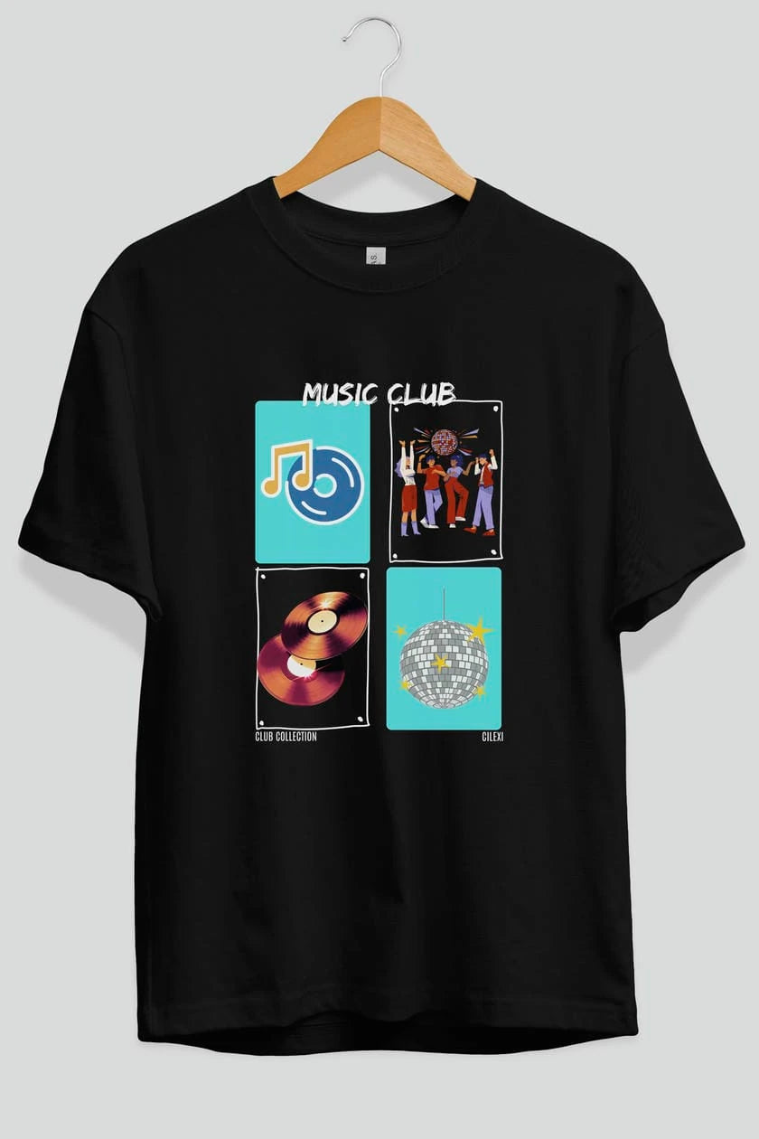 Music Club ön Baskılı Oversize t-shirt Erkek Kadın %100 Pamuk Bisiklet Yaka tişort